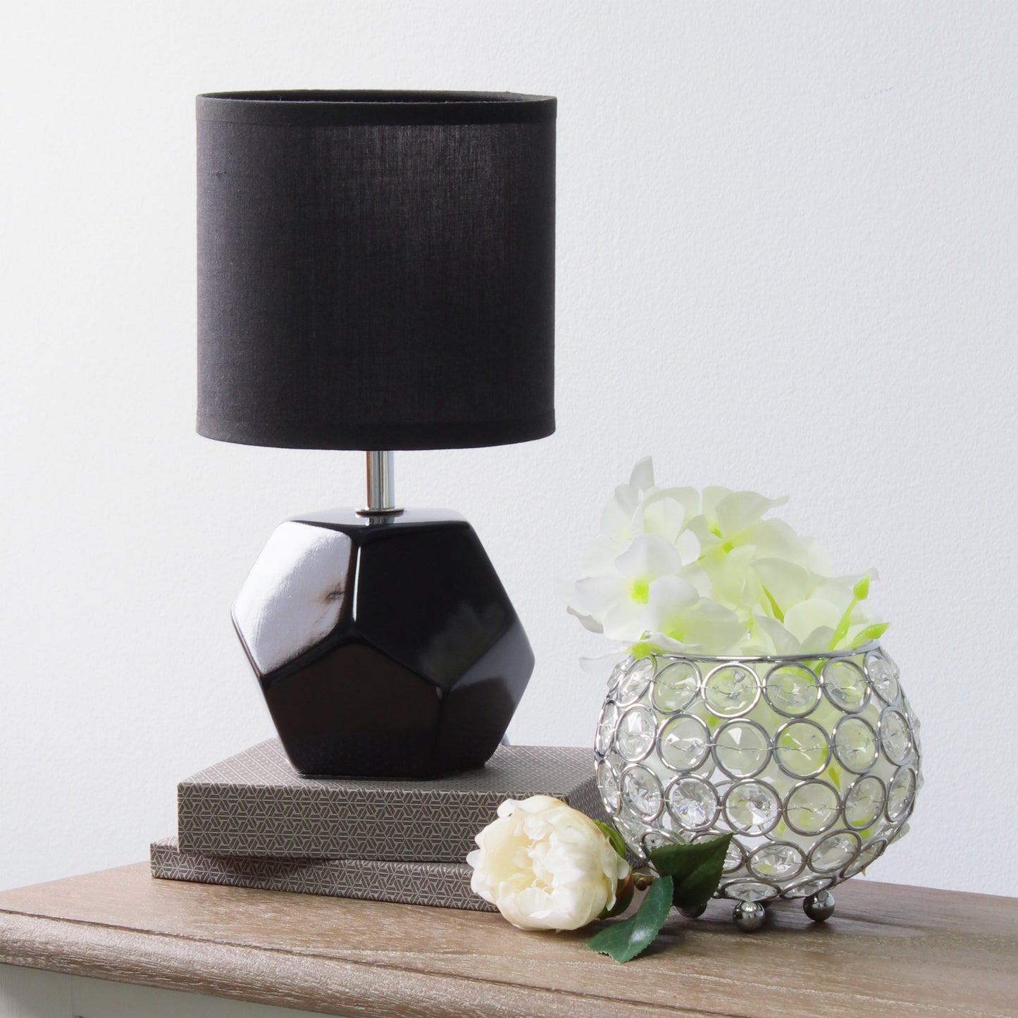 All The Rages Simple Designs Black Round Prism Mini Table Lamp With Matching Fabric Shade
