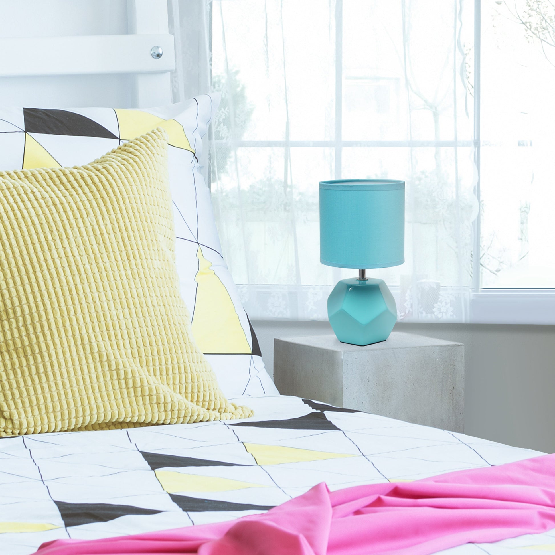All The Rages Simple Designs Blue Round Prism Mini Table Lamp With Matching Fabric Shade