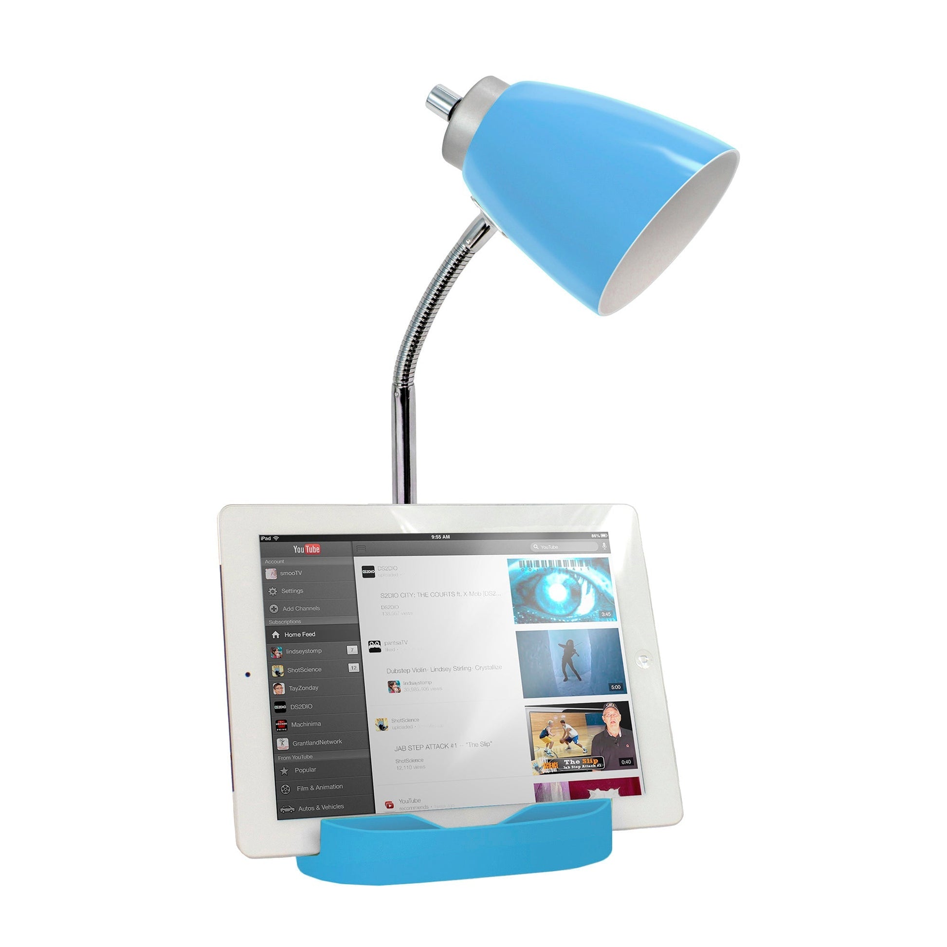 All The Rages Simple Designs Blue Semi-Flexible Desk Lamp With iPad Tablet Stand Book Holder & USB Charging Outlet