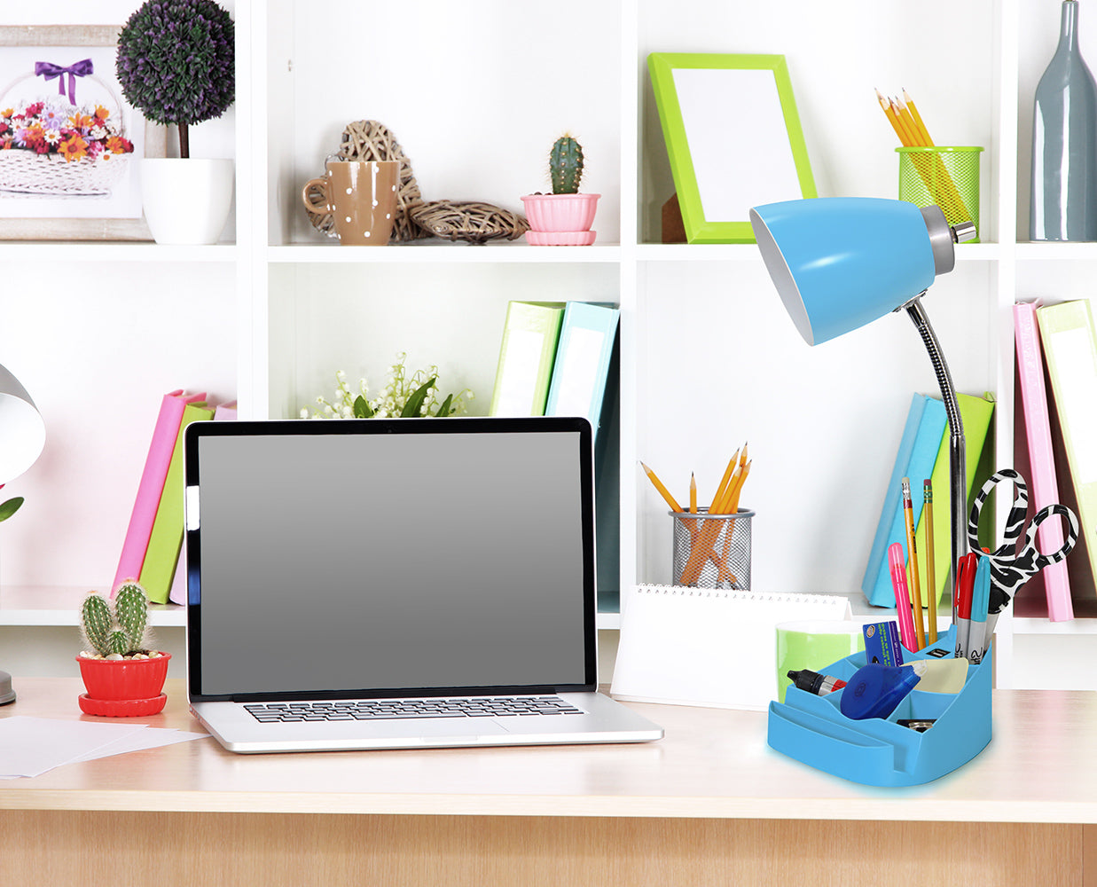 All The Rages Simple Designs Blue Semi-Flexible Desk Lamp With iPad Tablet Stand Book Holder & USB Charging Outlet