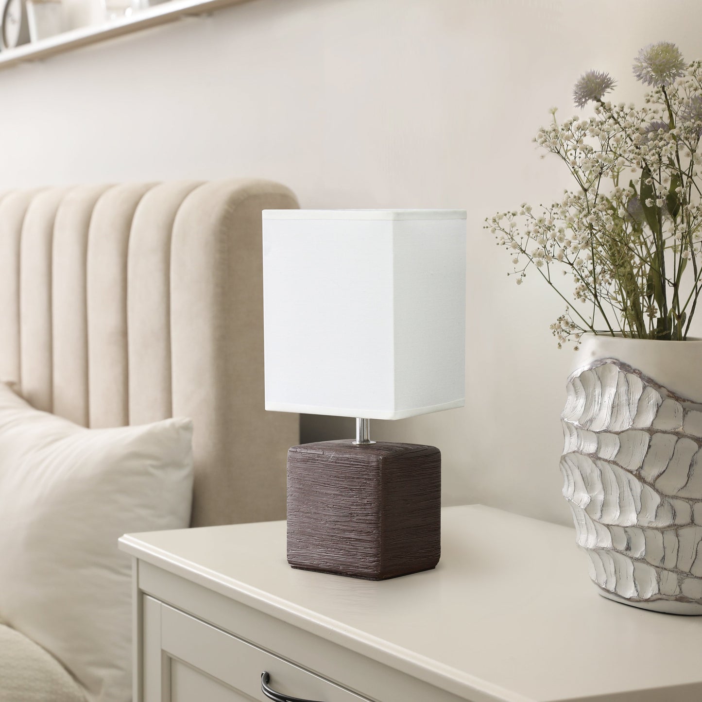 All The Rages Simple Designs Brown Petite Faux Stone Table Lamp With White Fabric Shade