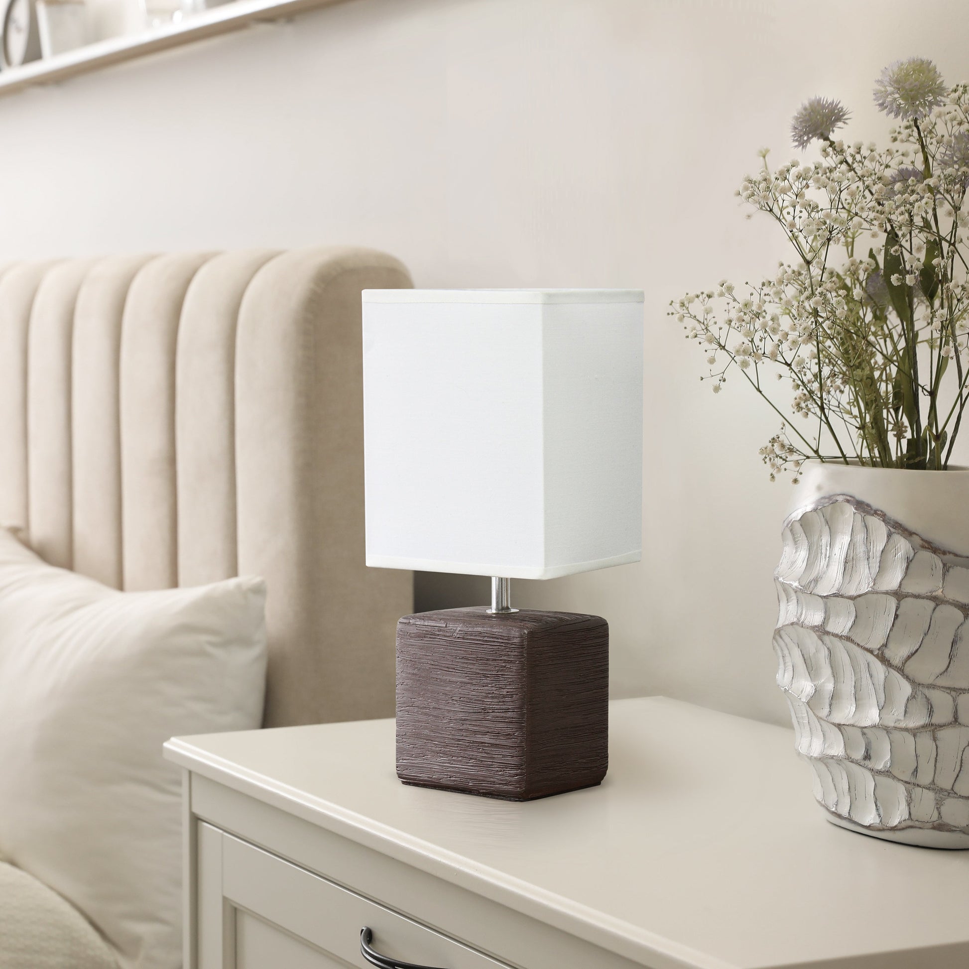 All The Rages Simple Designs Brown Petite Faux Stone Table Lamp With White Fabric Shade