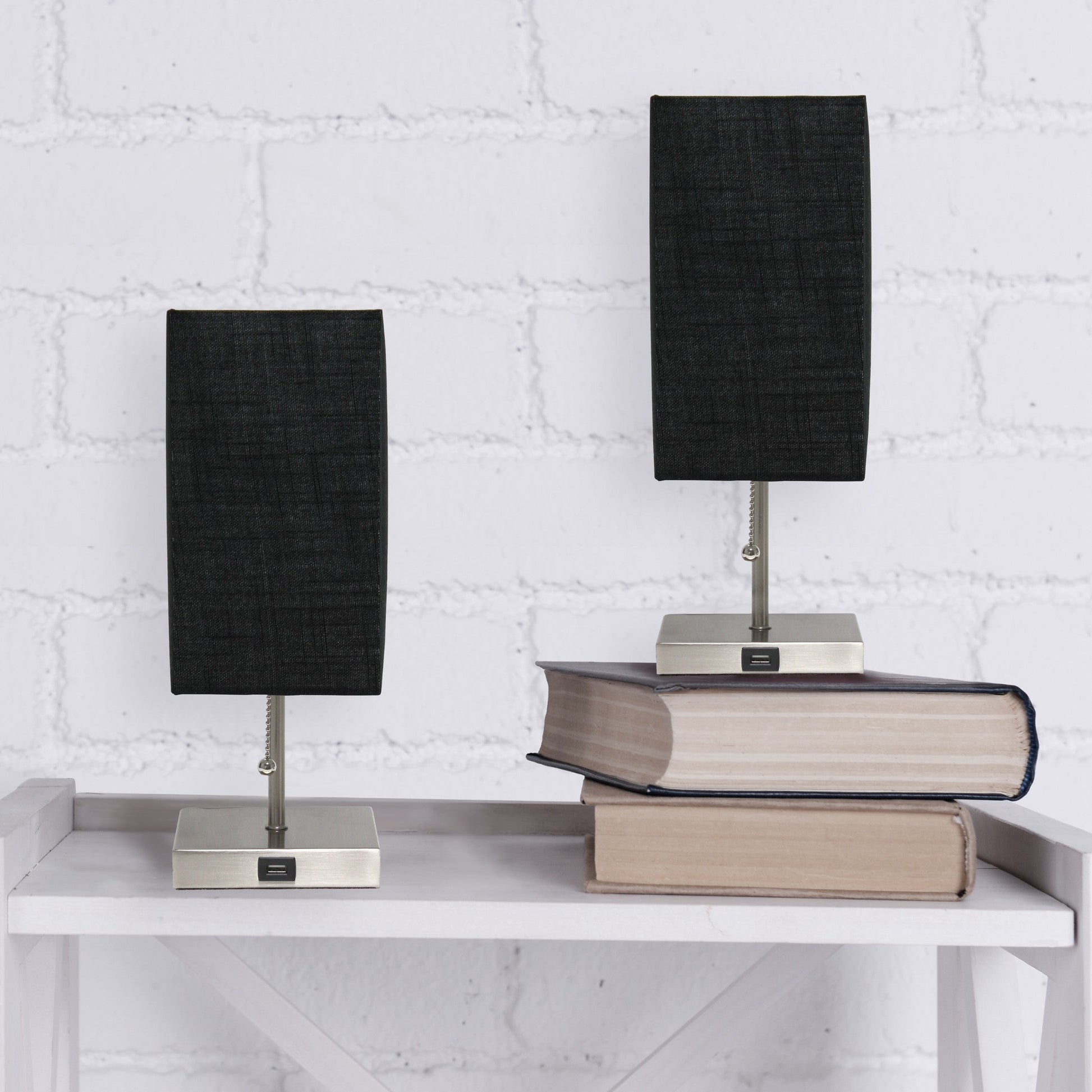 All The Rages Simple Designs Brushed Nickel 2-Pack Table Lamps With USB Charging Port & Black Fabric Shades