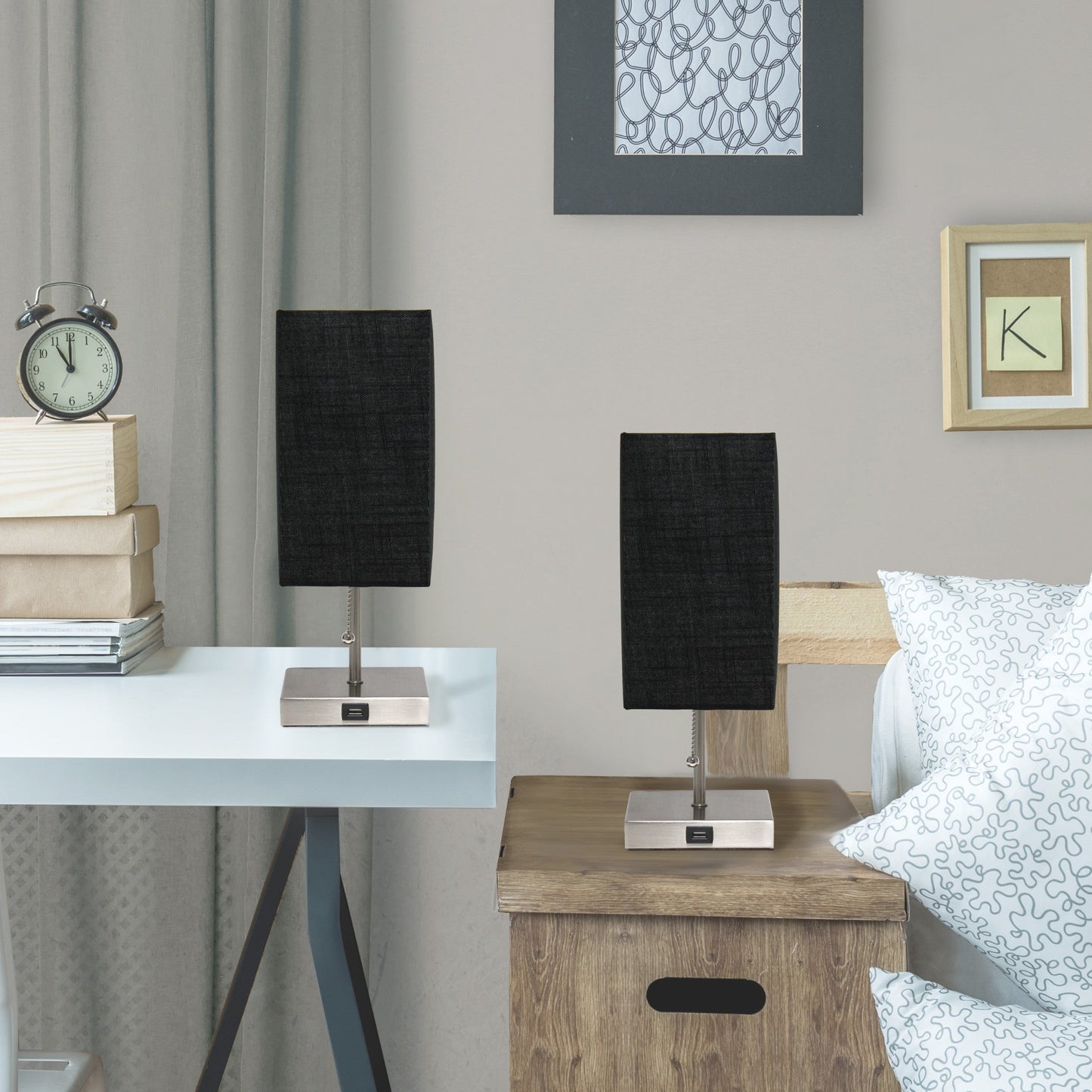 All The Rages Simple Designs Brushed Nickel 2-Pack Table Lamps With USB Charging Port & Black Fabric Shades