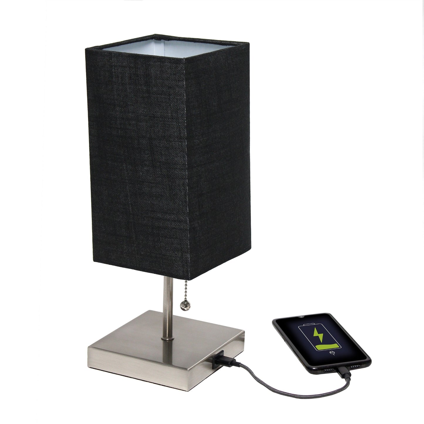 All The Rages Simple Designs Brushed Nickel 2-Pack Table Lamps With USB Charging Port & Black Fabric Shades