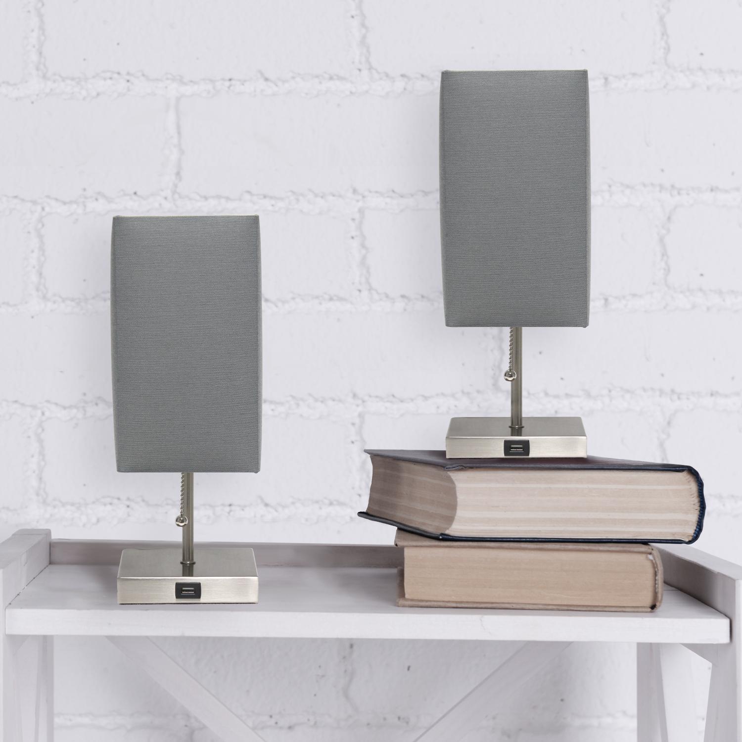 All The Rages Simple Designs Brushed Nickel 2-Pack Table Lamps With USB Charging Port & Gray Fabric Shades