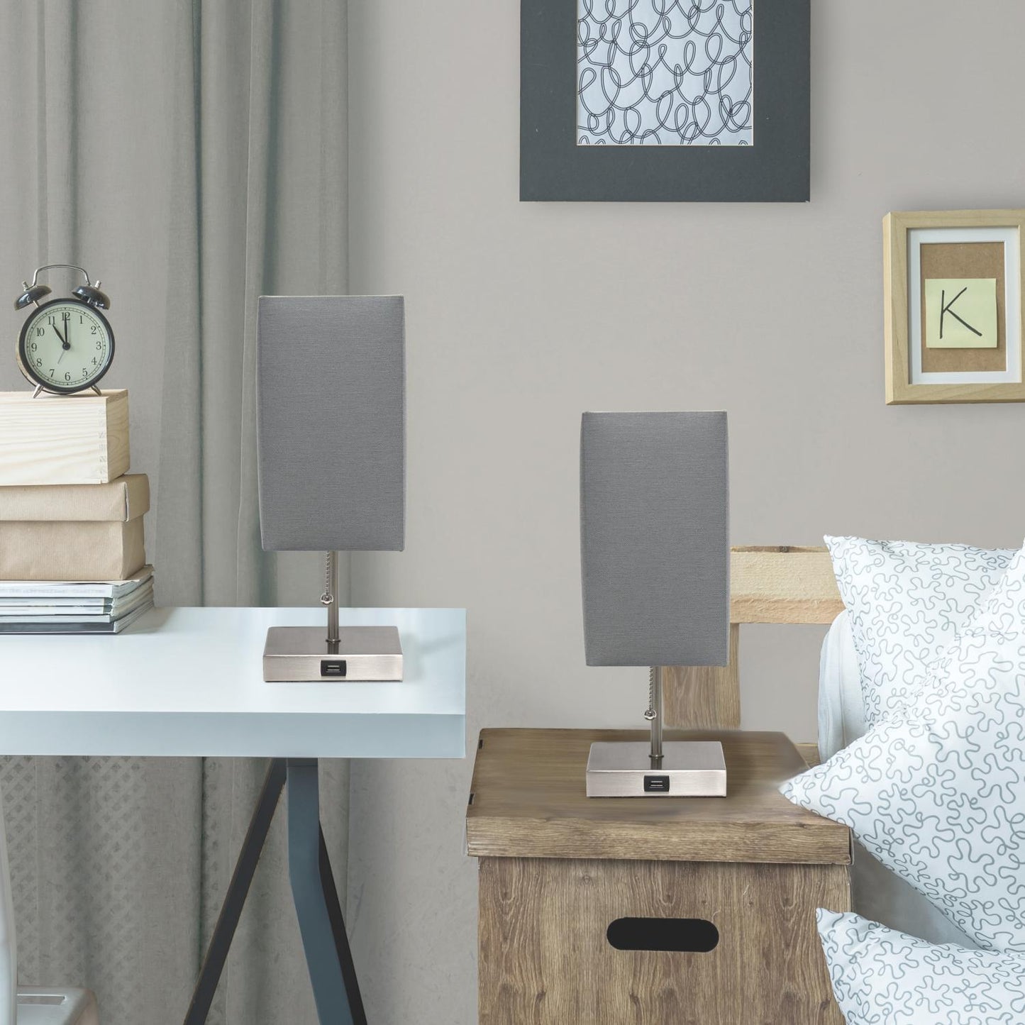 All The Rages Simple Designs Brushed Nickel 2-Pack Table Lamps With USB Charging Port & Gray Fabric Shades