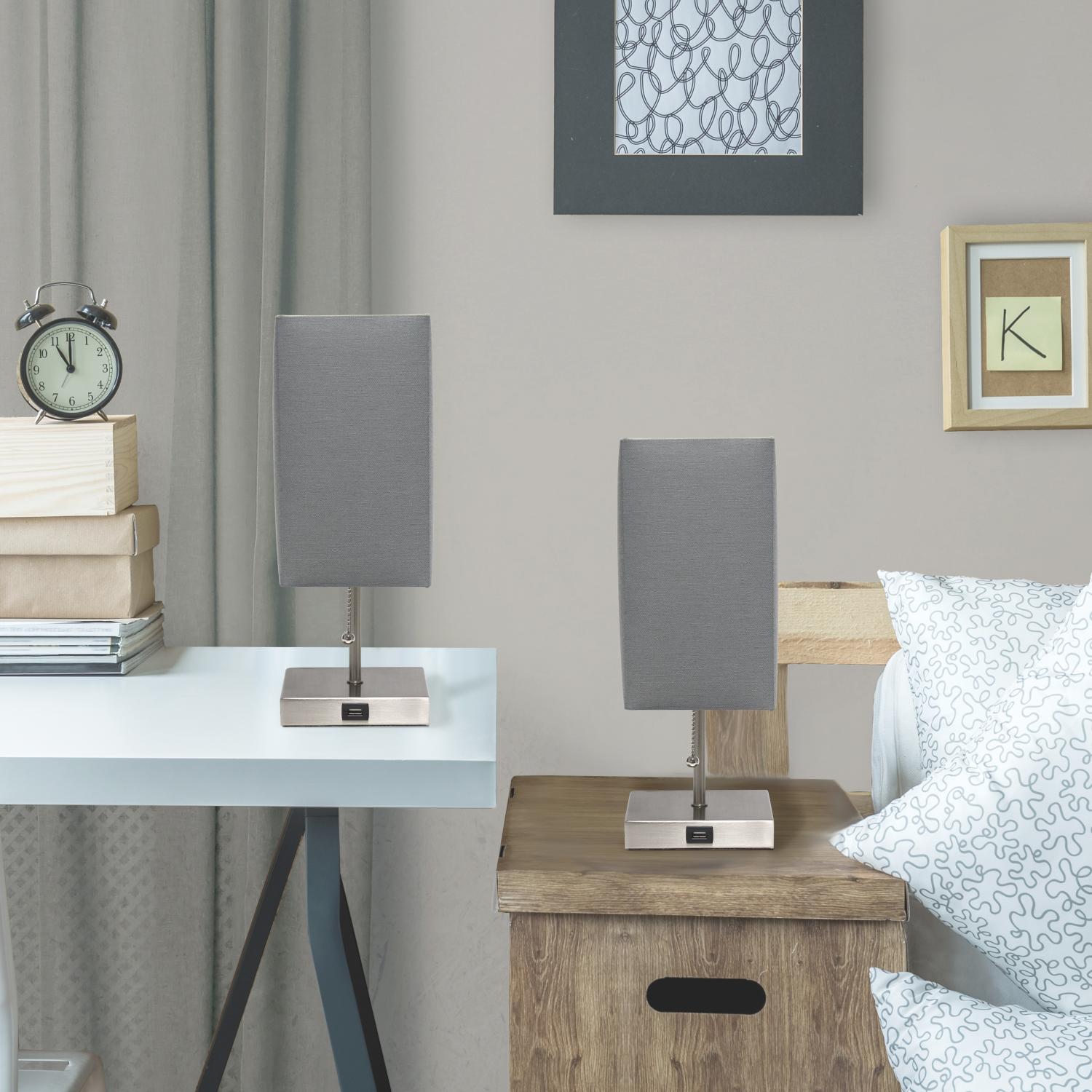 All The Rages Simple Designs Brushed Nickel 2-Pack Table Lamps With USB Charging Port & Gray Fabric Shades