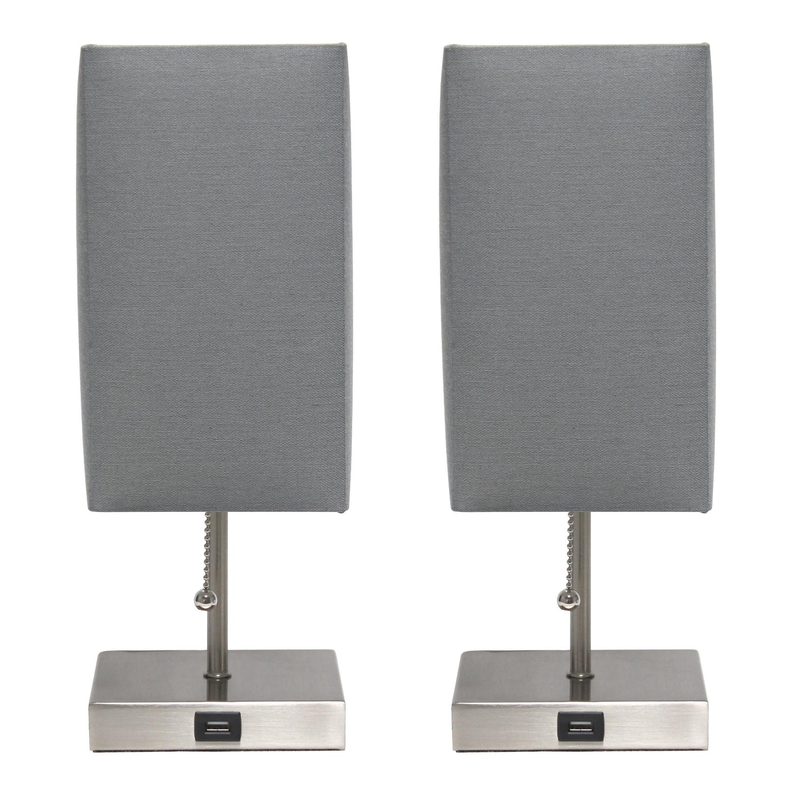 All The Rages Simple Designs Brushed Nickel 2-Pack Table Lamps With USB Charging Port & Gray Fabric Shades