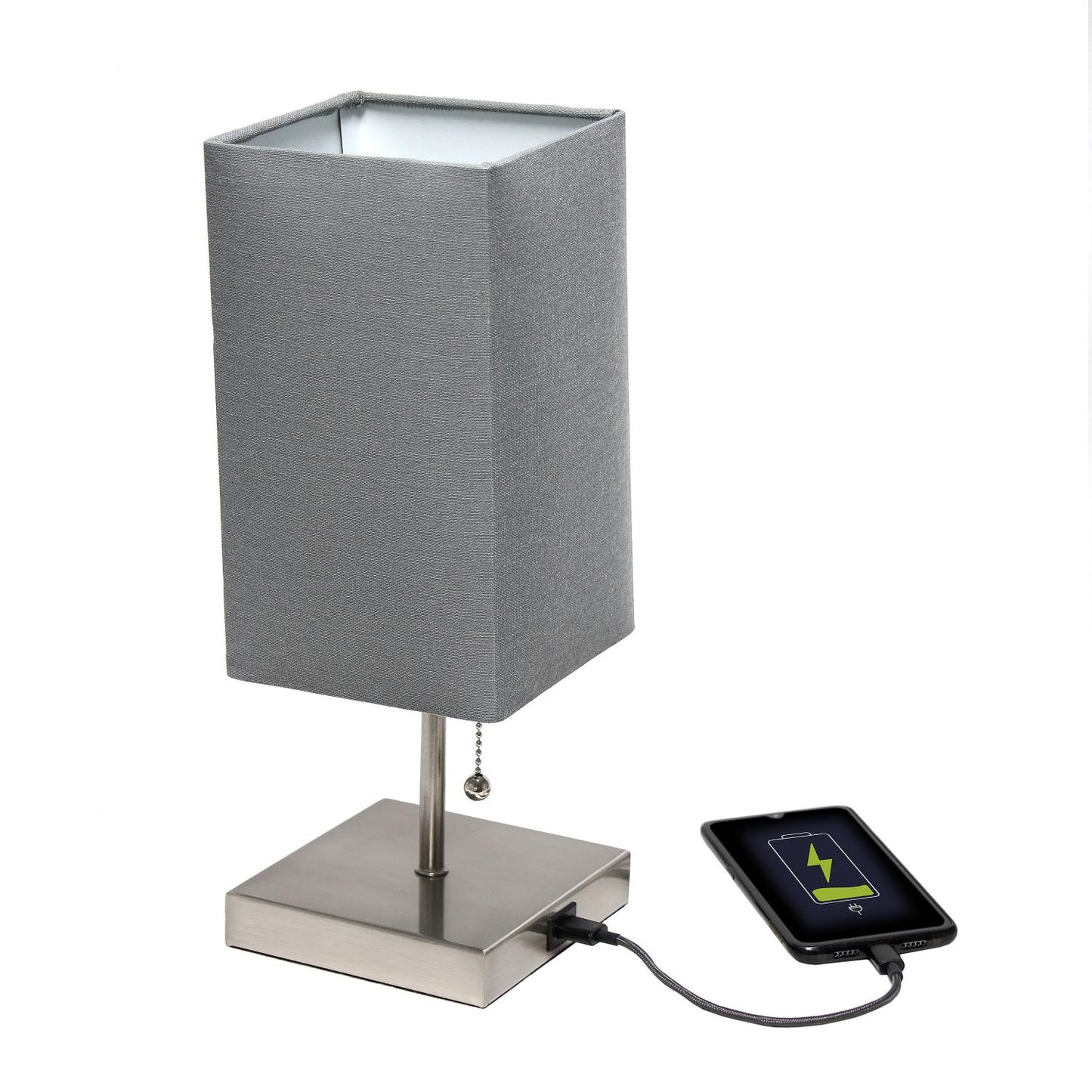 All The Rages Simple Designs Brushed Nickel 2-Pack Table Lamps With USB Charging Port & Gray Fabric Shades