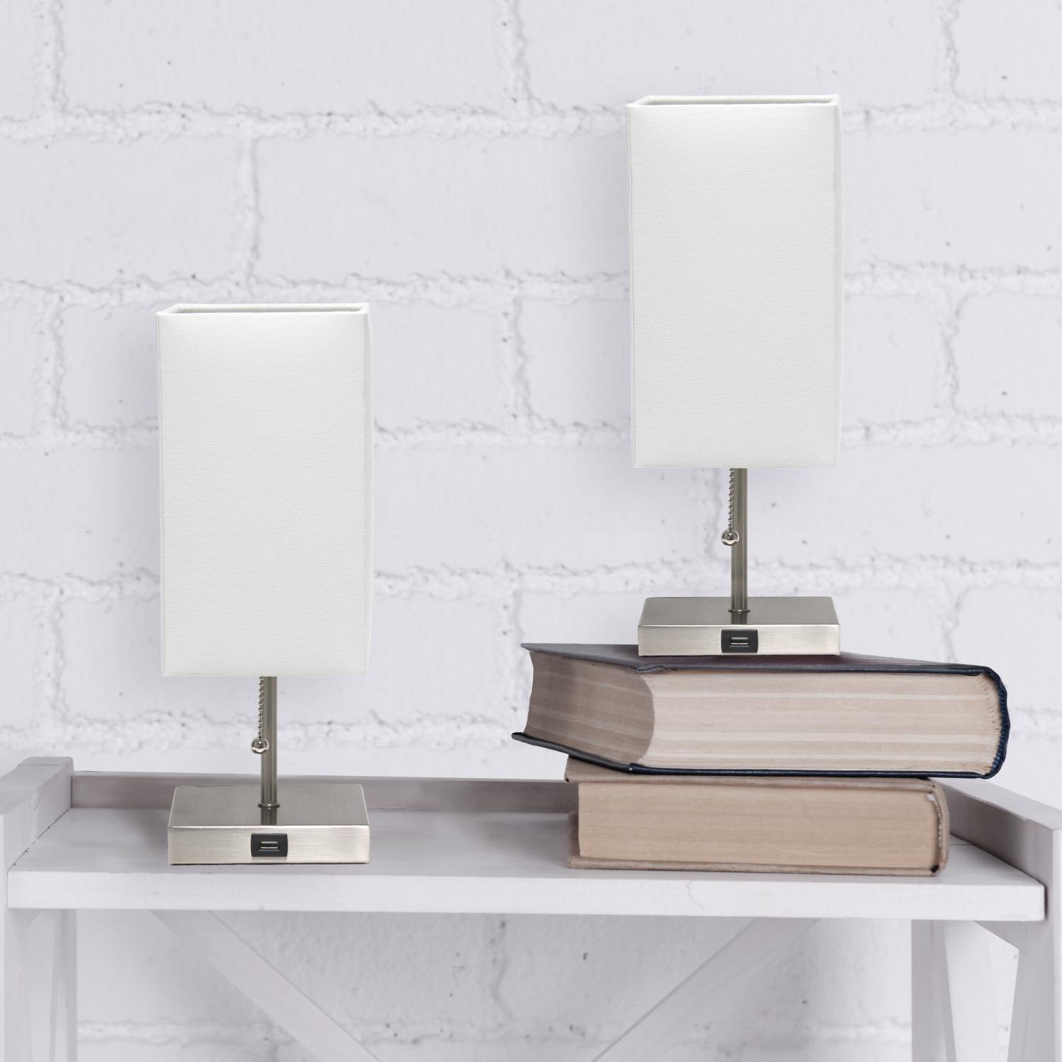All The Rages Simple Designs Brushed Nickel 2-Pack Table Lamps With USB Charging Port & White Fabric Shades