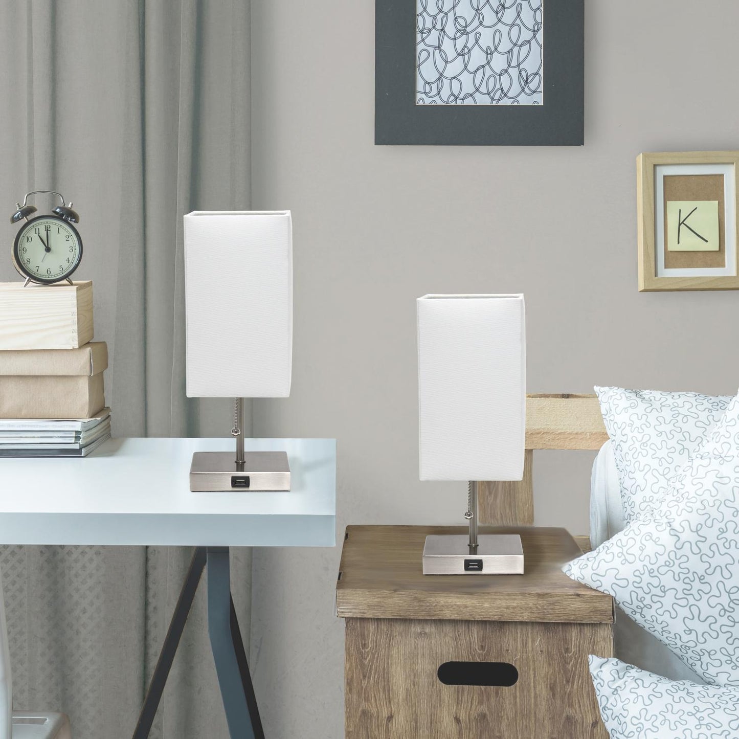 All The Rages Simple Designs Brushed Nickel 2-Pack Table Lamps With USB Charging Port & White Fabric Shades