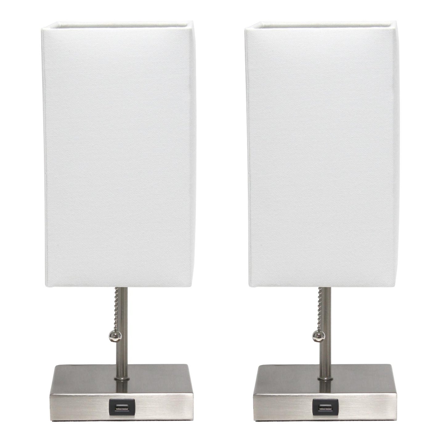 All The Rages Simple Designs Brushed Nickel 2-Pack Table Lamps With USB Charging Port & White Fabric Shades