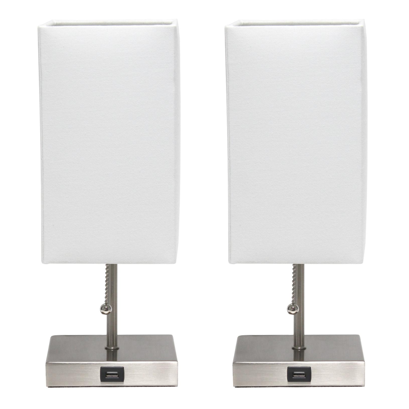 All The Rages Simple Designs Brushed Nickel 2-Pack Table Lamps With USB Charging Port & White Fabric Shades