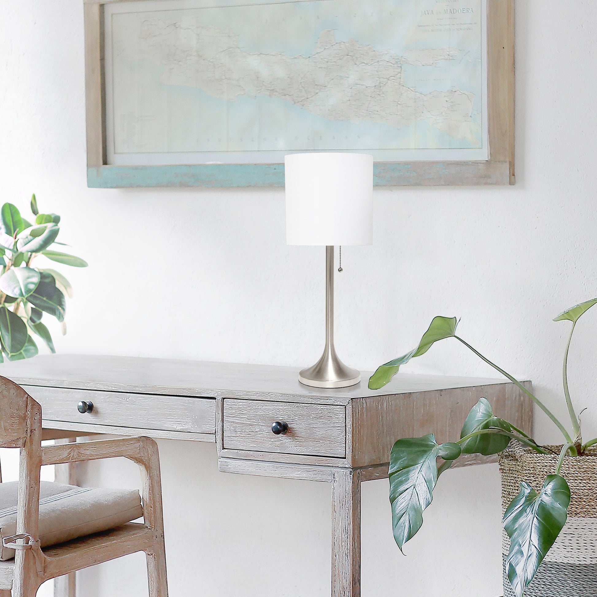 All The Rages Simple Designs Brushed Nickel And White Fabric Drum Shade Tapered Table Lamp
