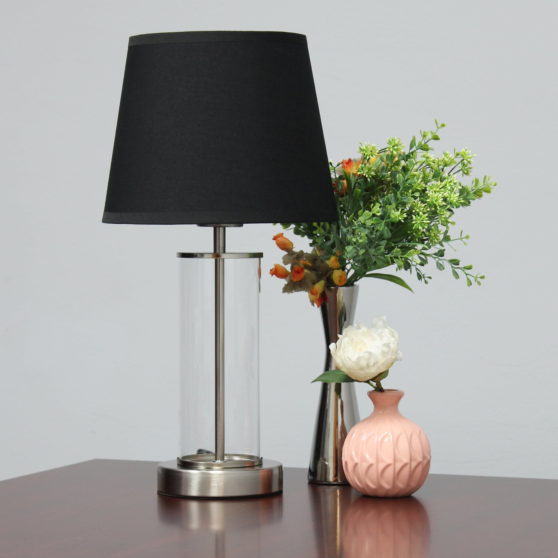 All The Rages Simple Designs Brushed Nickel & Black Encased Metal & Clear Glass Table Lamp