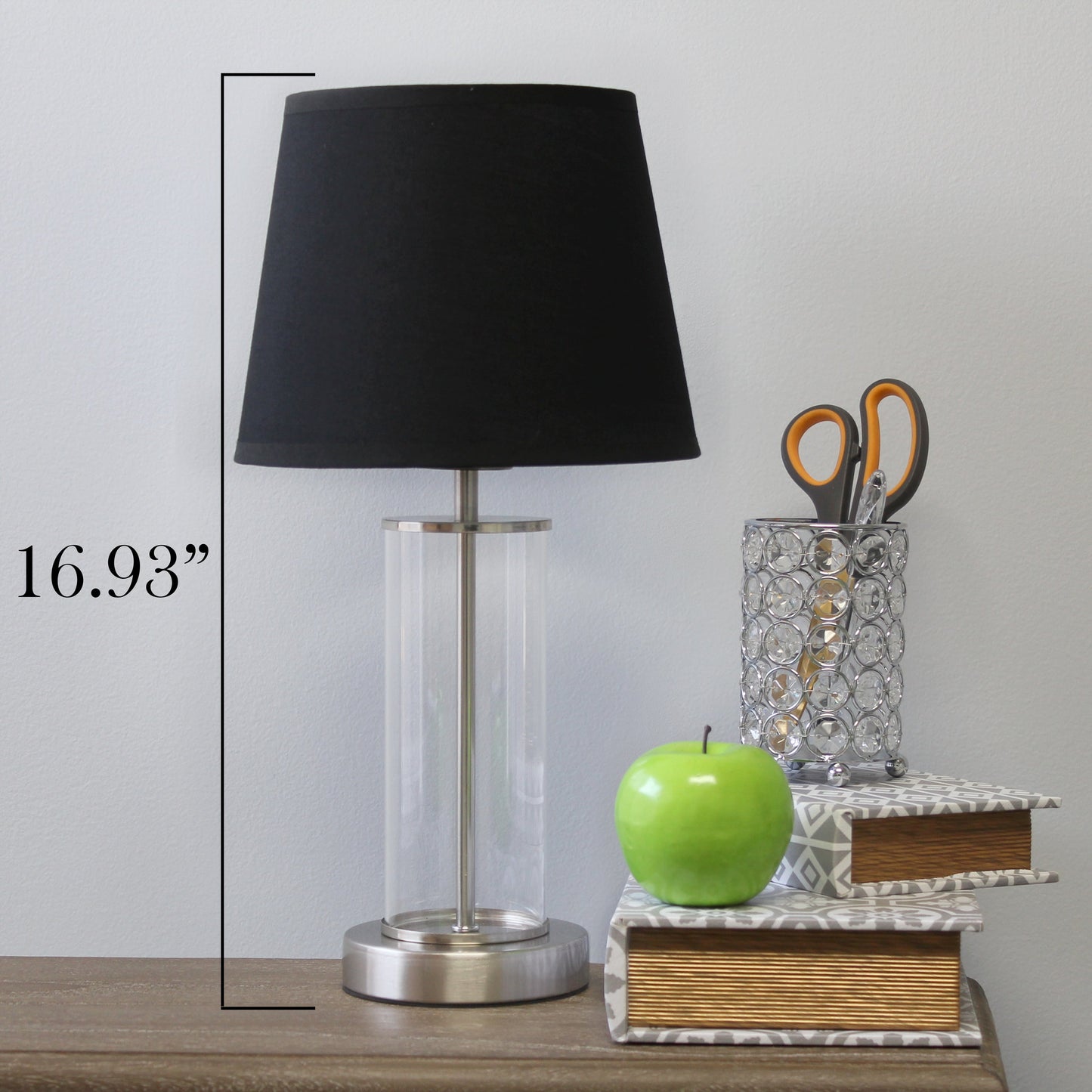 All The Rages Simple Designs Brushed Nickel & Black Encased Metal & Clear Glass Table Lamp