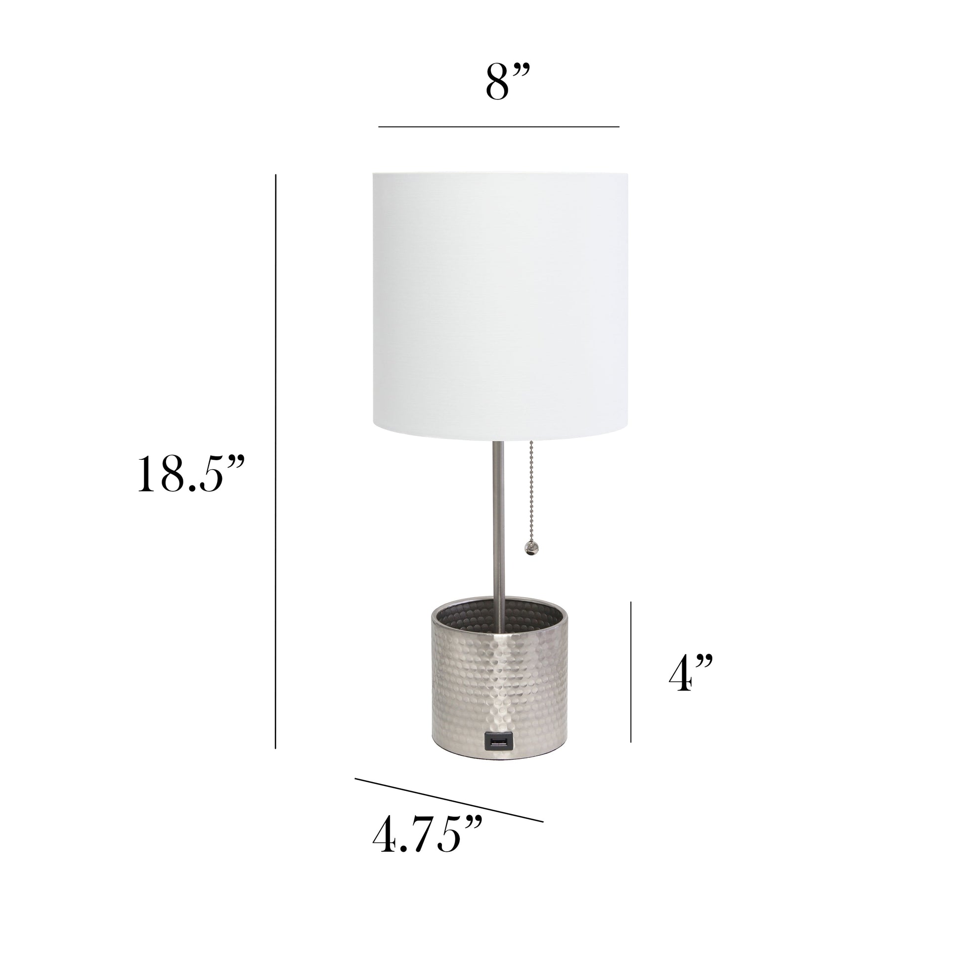 All The Rages Simple Designs Brushed Nickel Hammered Metal Organizer Table Lamp With USB Charging Port & Fabric Shade