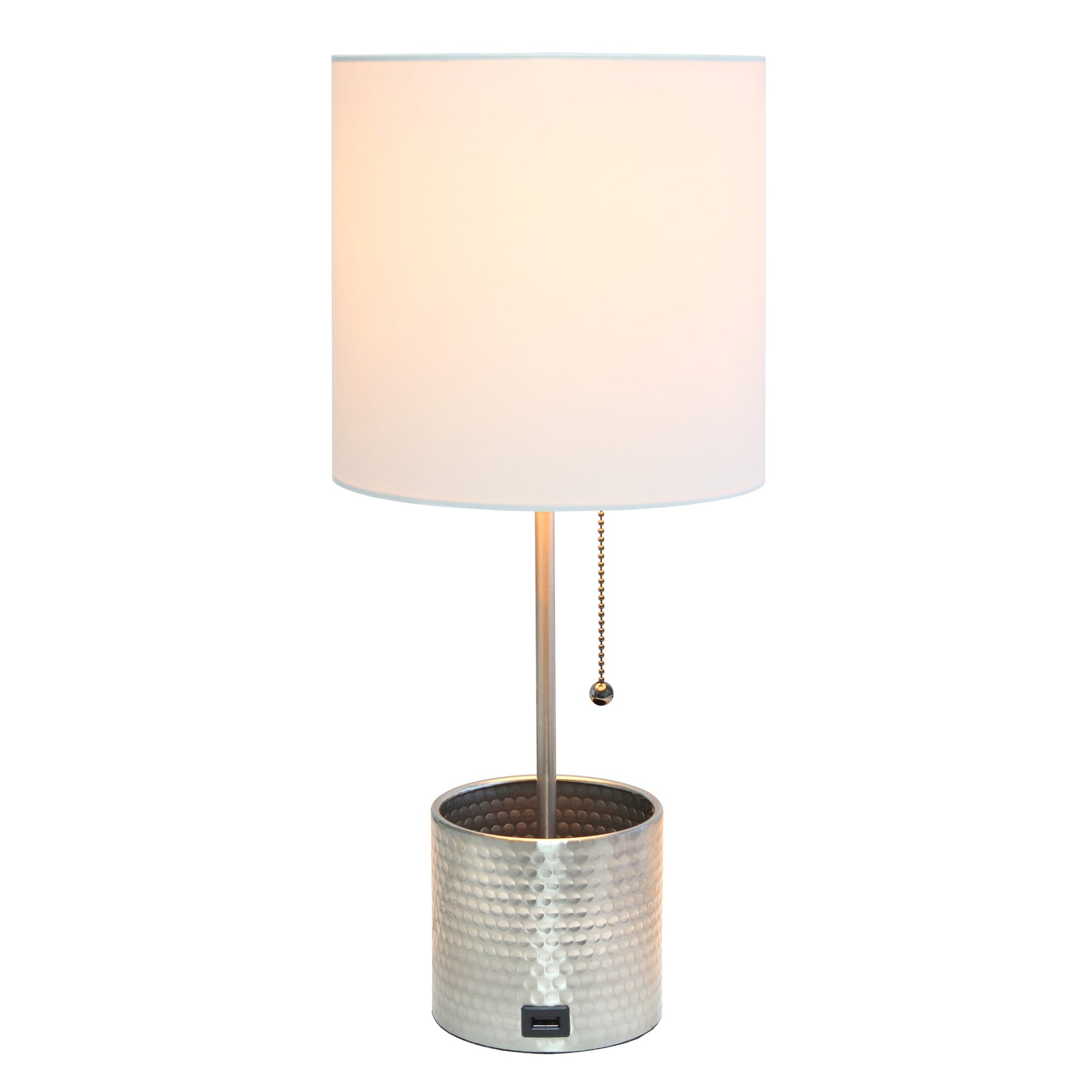 All The Rages Simple Designs Brushed Nickel Hammered Metal Organizer Table Lamp With USB Charging Port & Fabric Shade