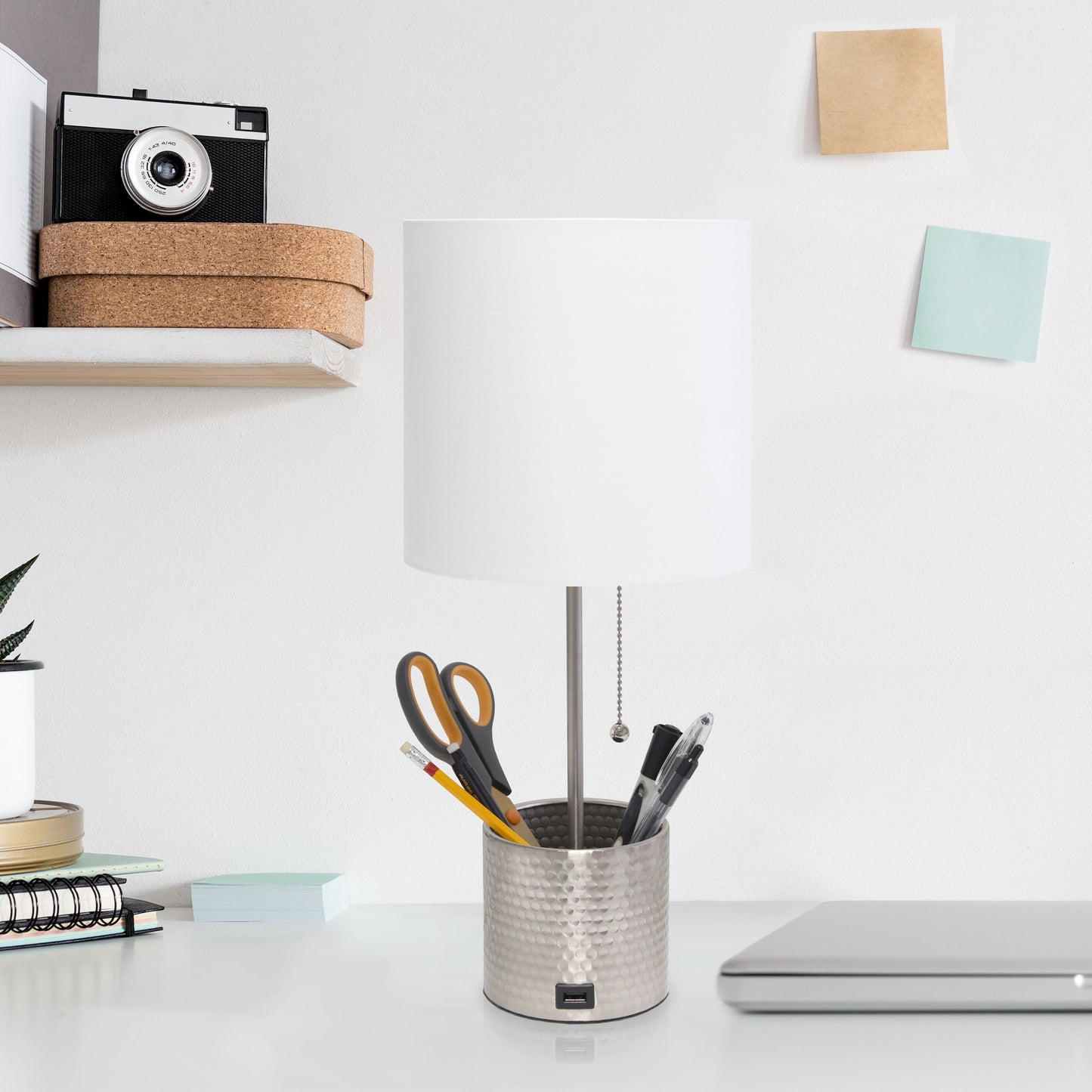 All The Rages Simple Designs Brushed Nickel Hammered Metal Organizer Table Lamp With USB Charging Port & Fabric Shade