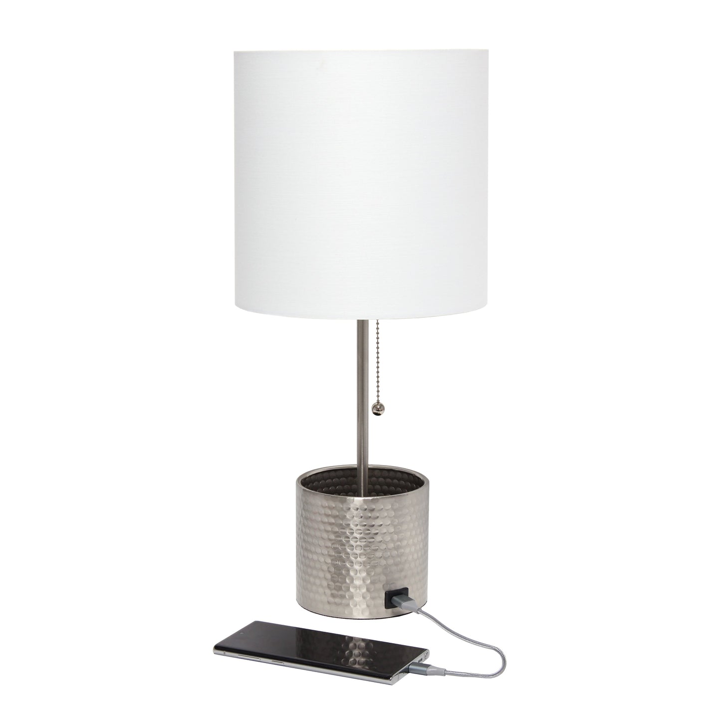 All The Rages Simple Designs Brushed Nickel Hammered Metal Organizer Table Lamp With USB Charging Port & Fabric Shade