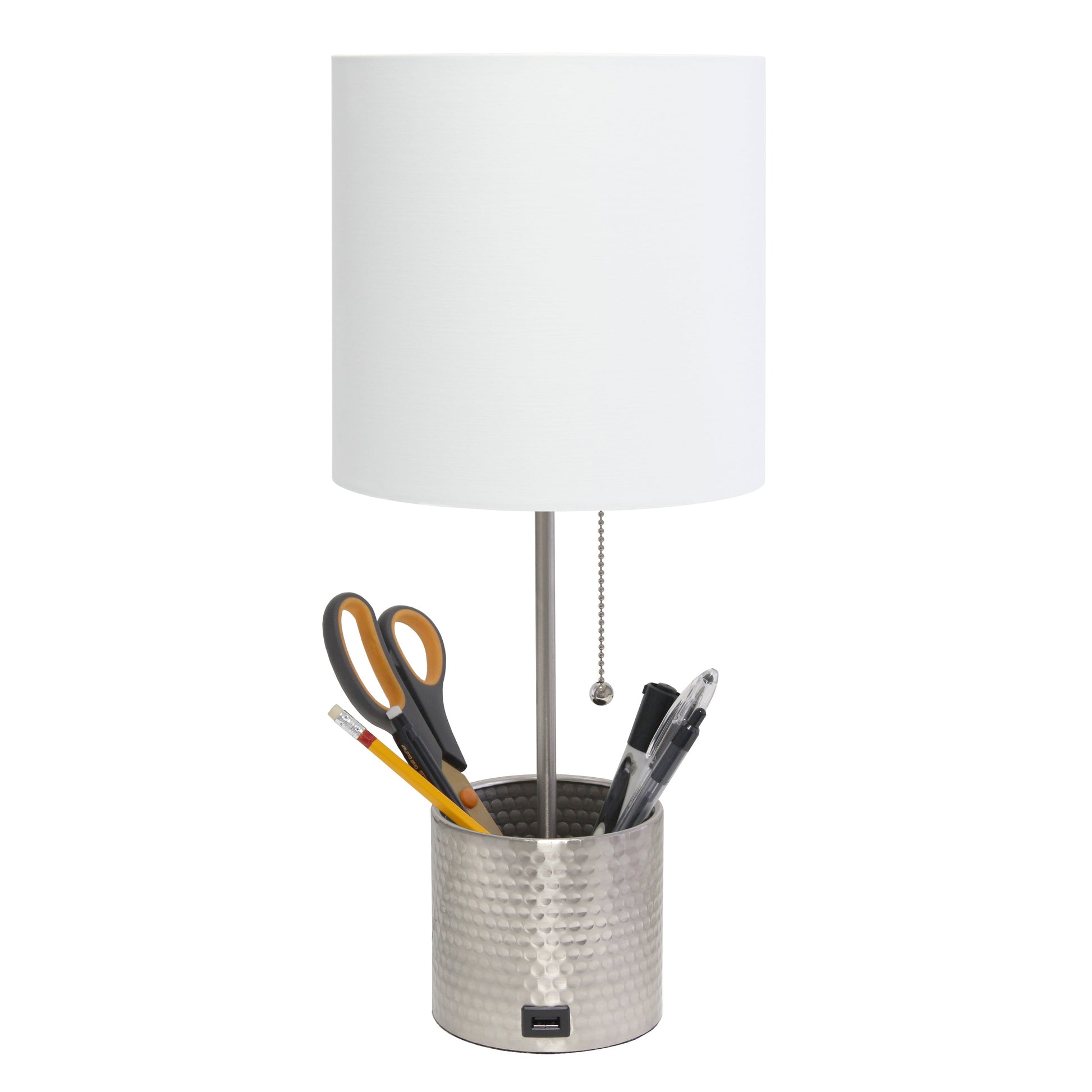 All The Rages Simple Designs Brushed Nickel Hammered Metal Organizer Table Lamp With USB Charging Port & Fabric Shade