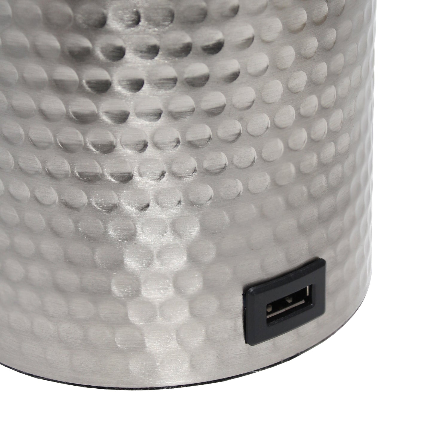 All The Rages Simple Designs Brushed Nickel Hammered Metal Organizer Table Lamp With USB Charging Port & Fabric Shade