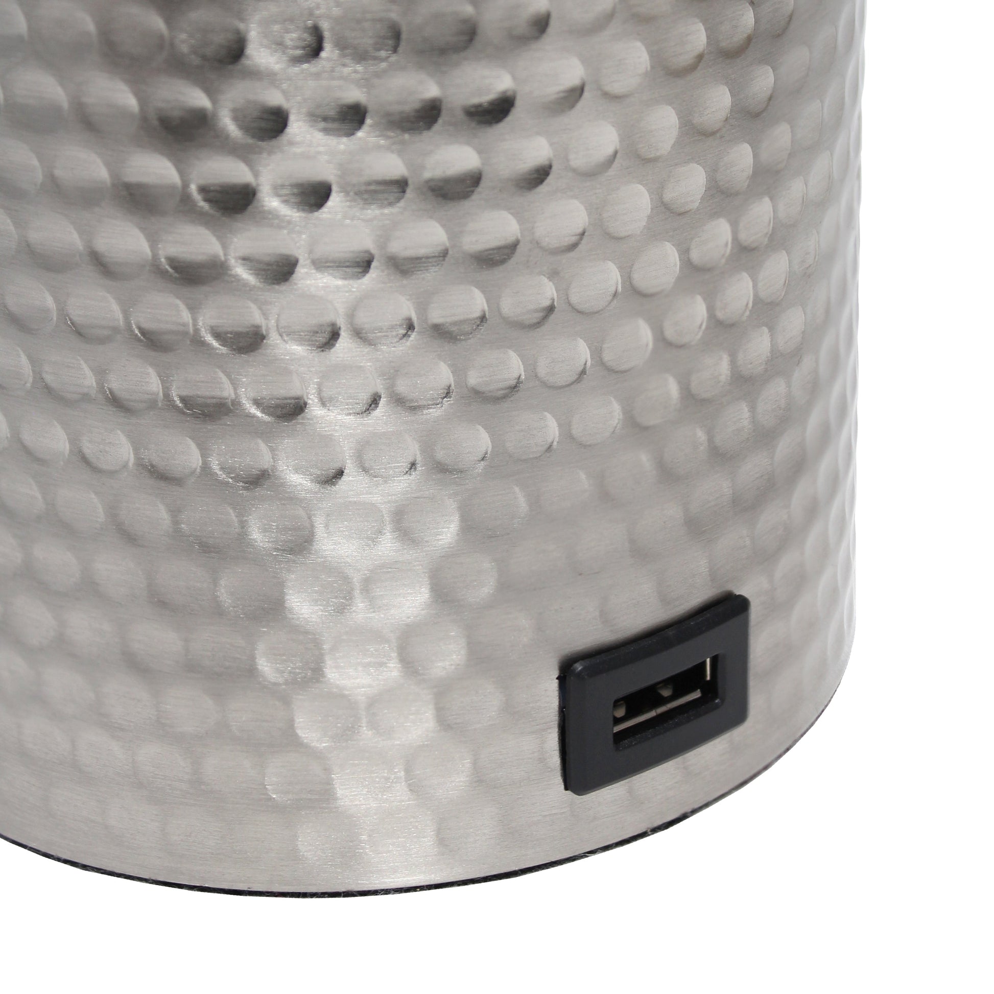 All The Rages Simple Designs Brushed Nickel Hammered Metal Organizer Table Lamp With USB Charging Port & Fabric Shade