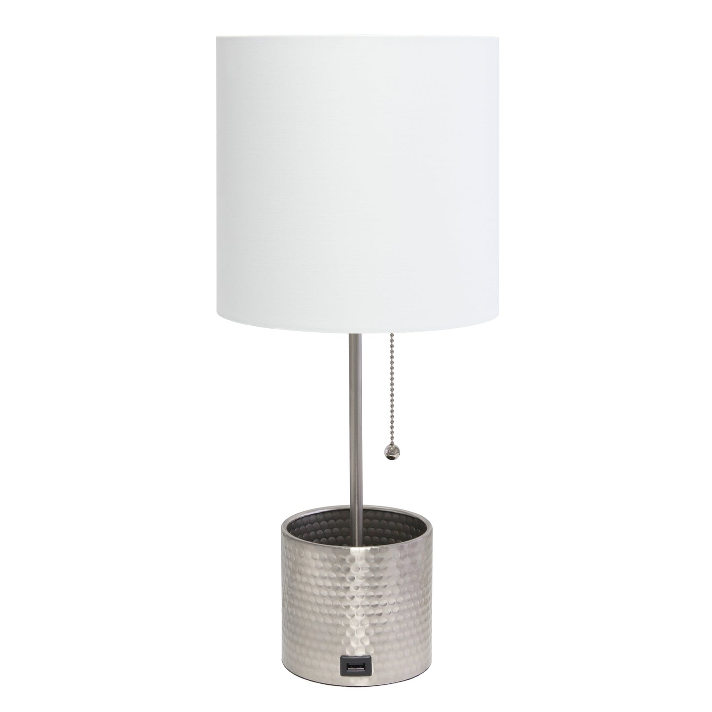 All The Rages Simple Designs Brushed Nickel Hammered Metal Organizer Table Lamp With USB Charging Port & Fabric Shade