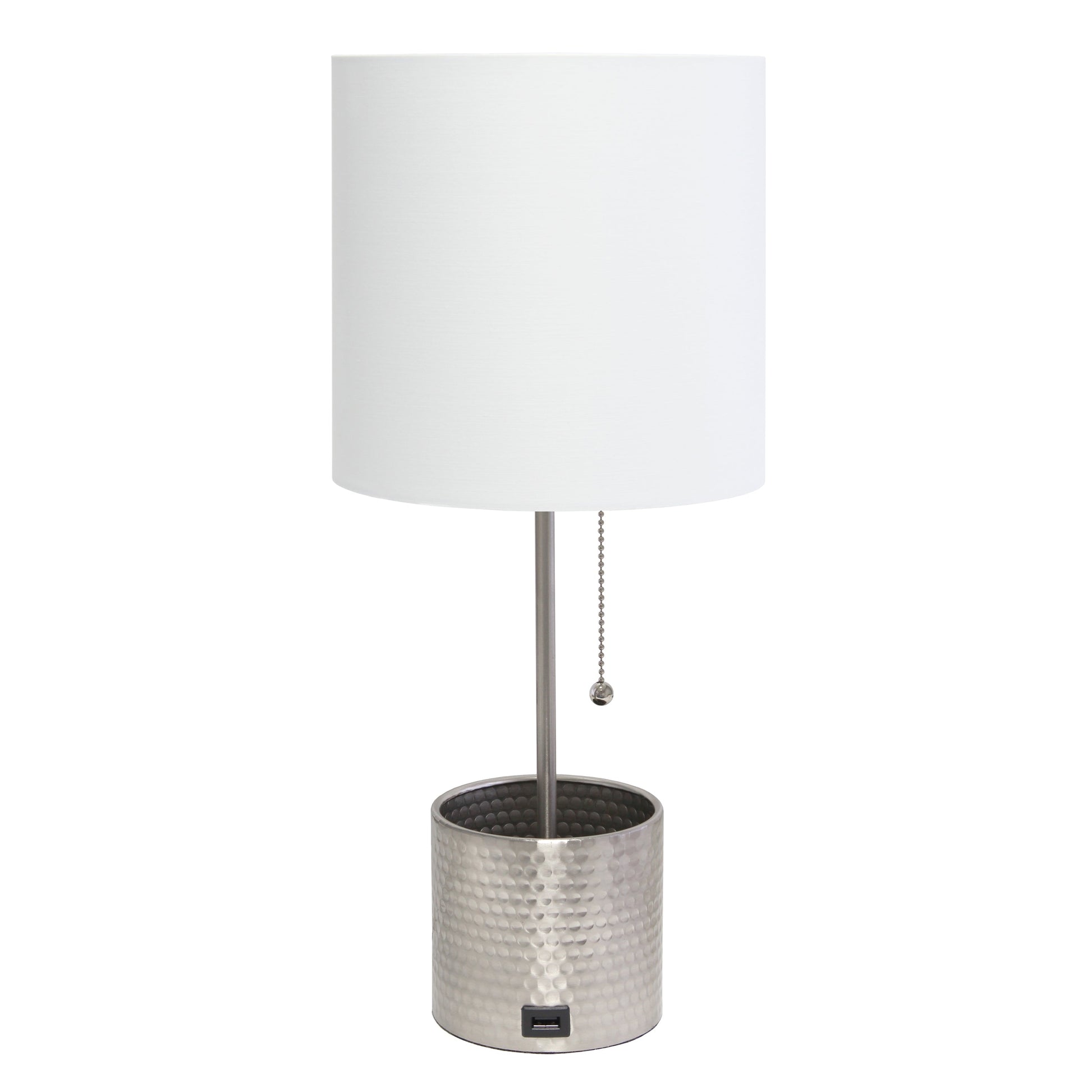 All The Rages Simple Designs Brushed Nickel Hammered Metal Organizer Table Lamp With USB Charging Port & Fabric Shade