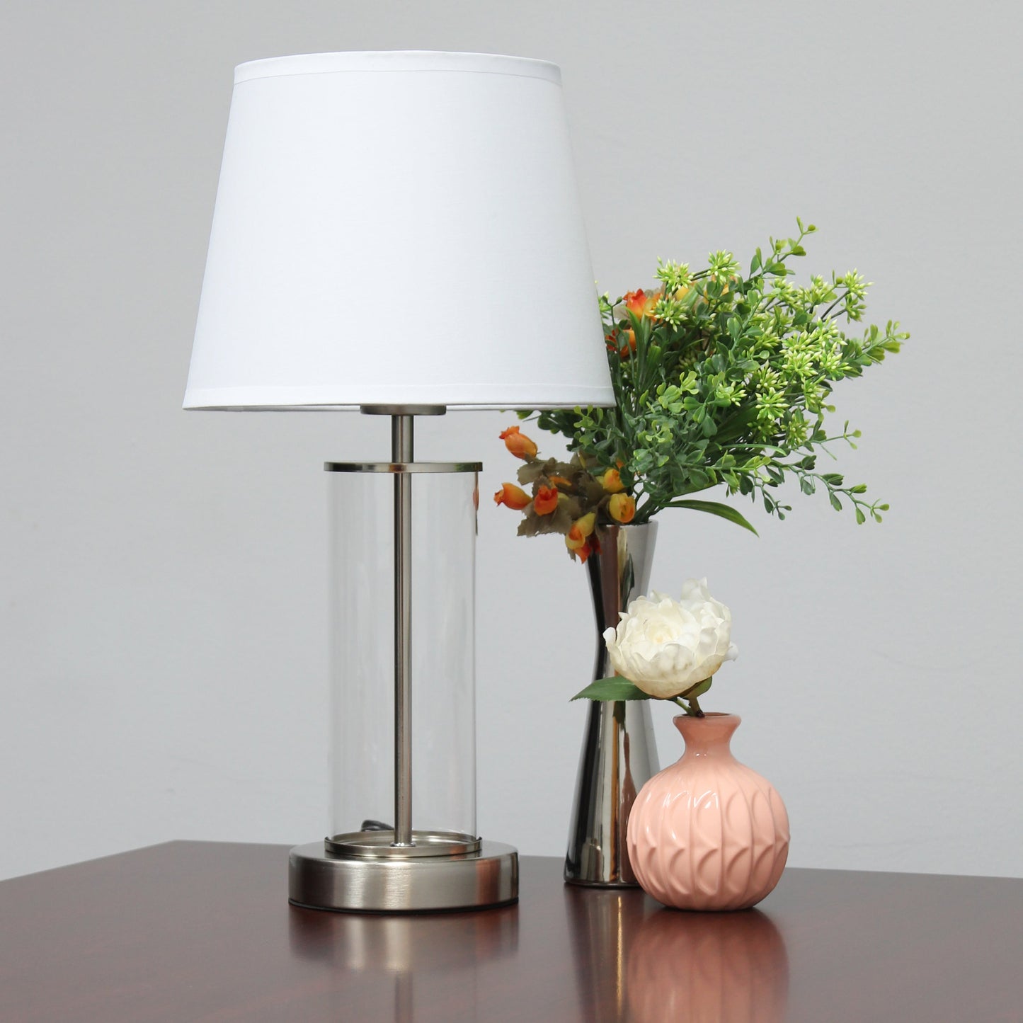 All The Rages Simple Designs Brushed Nickel & White Encased Metal & Clear Glass Table Lamp