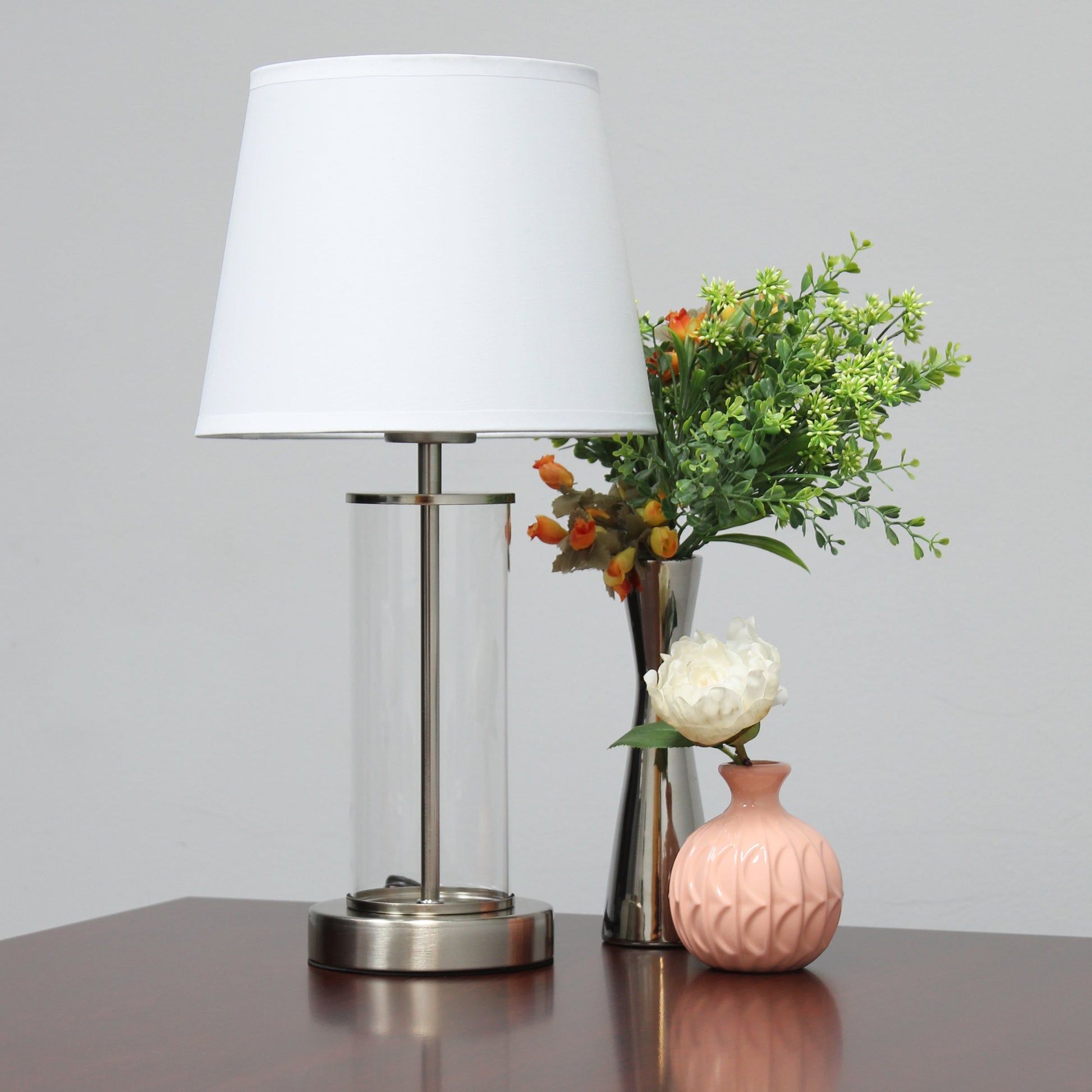 All The Rages Simple Designs Brushed Nickel & White Encased Metal & Clear Glass Table Lamp