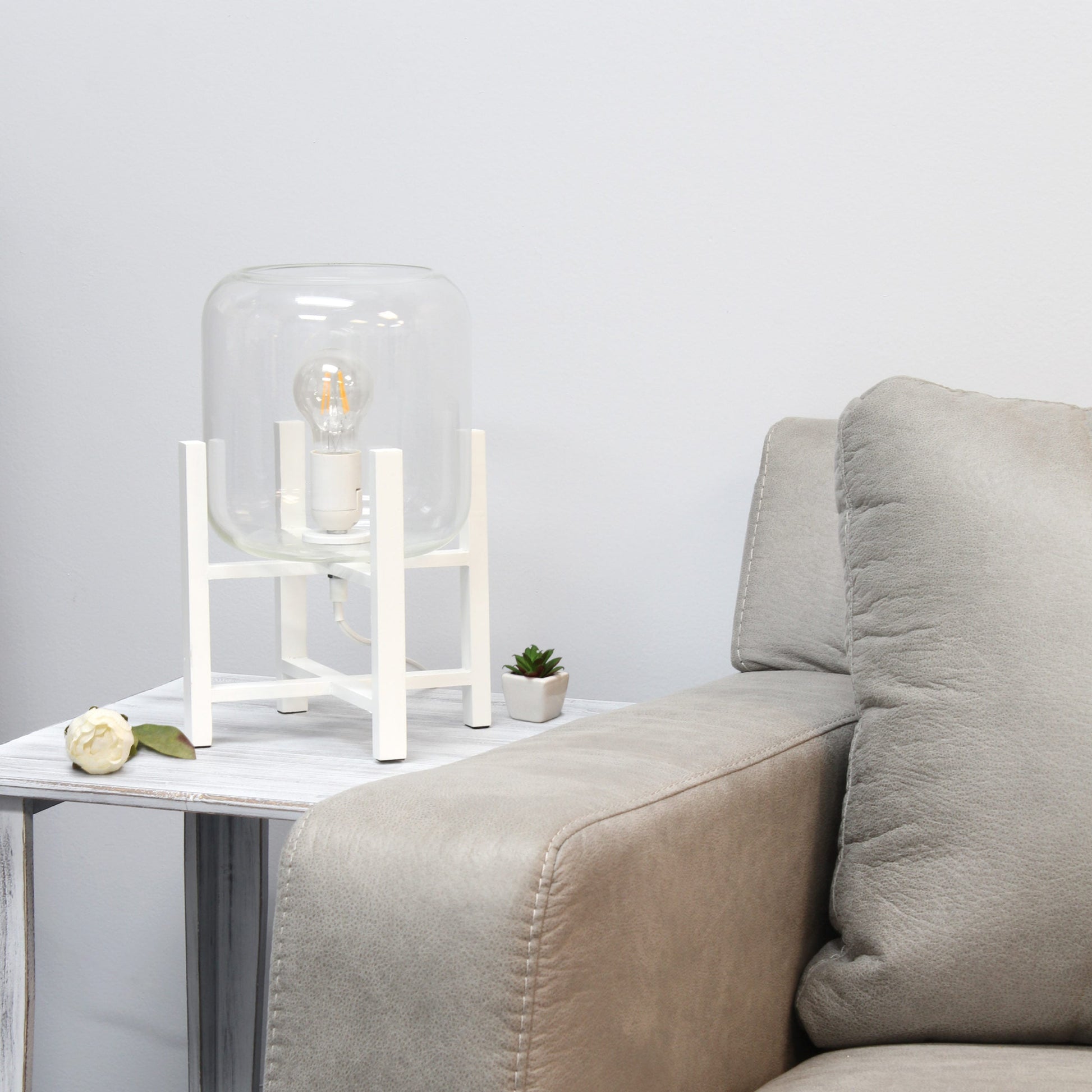 All The Rages Simple Designs Clear Glass And White Wood Mounted Cylinder Shade Table Lamp
