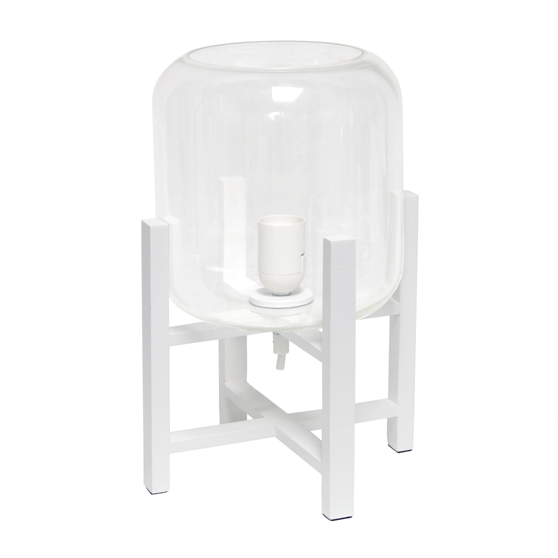 All The Rages Simple Designs Clear Glass And White Wood Mounted Cylinder Shade Table Lamp