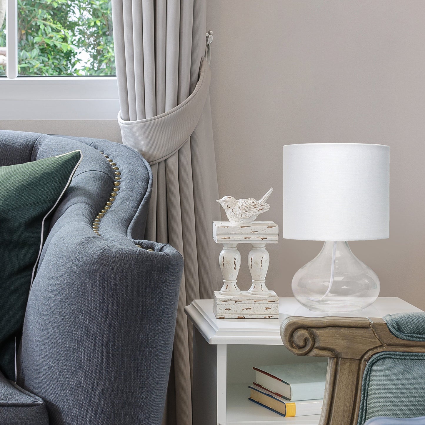 All The Rages Simple Designs Clear Glass Raindrop Table Lamp With White Fabric Shade