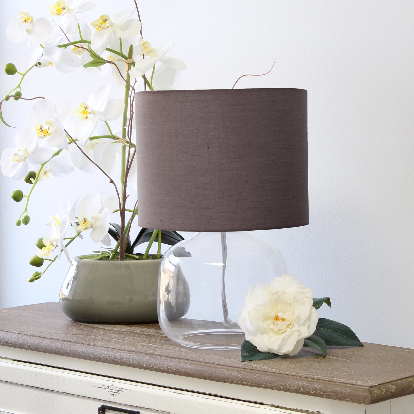 All The Rages Simple Designs Clear Glass Table Lamp With Gray Fabric Shade