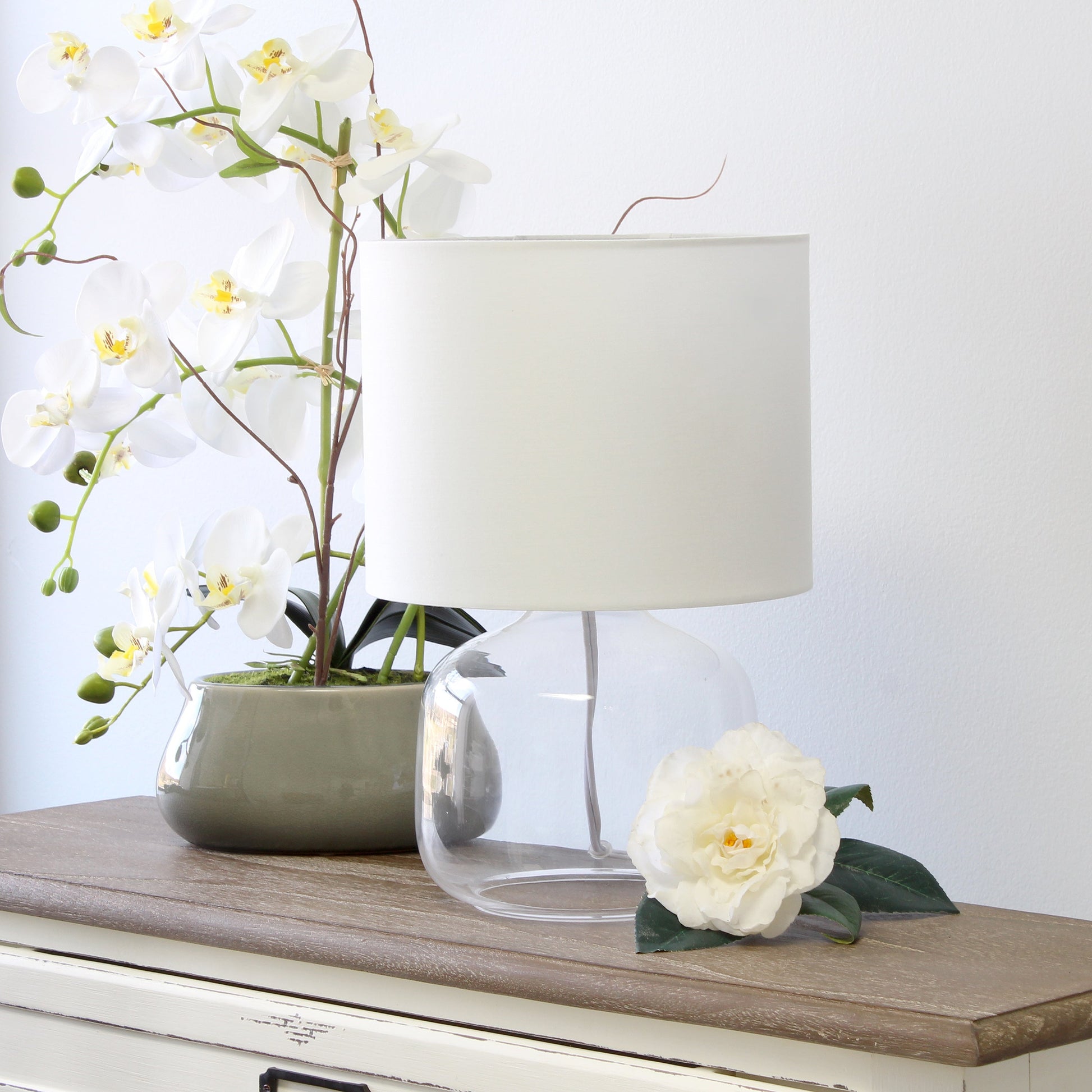 All The Rages Simple Designs Clear Glass Table Lamp With White Fabric Shade