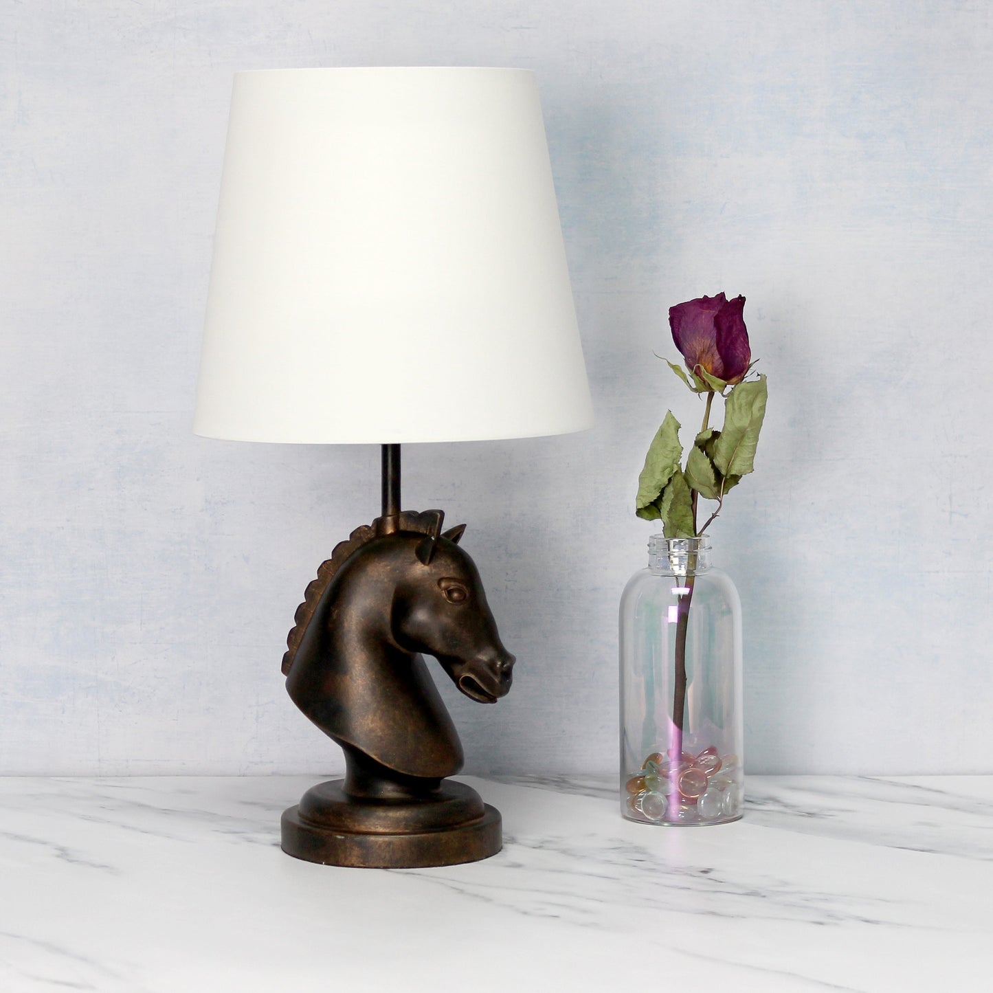 All The Rages Simple Designs Dark Bronze 17" Tall Polyresin Decorative Chess Horse Shaped Table Lamp With White Tapered Fabric Shade