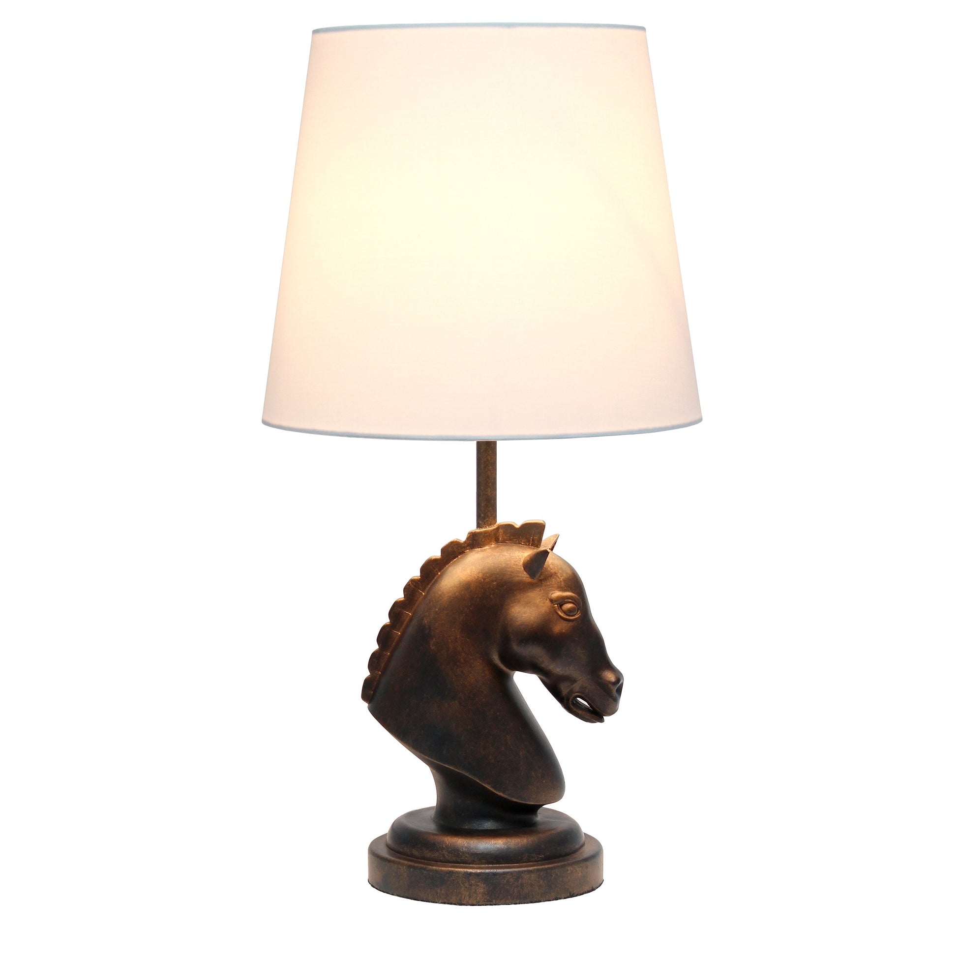 All The Rages Simple Designs Dark Bronze 17" Tall Polyresin Decorative Chess Horse Shaped Table Lamp With White Tapered Fabric Shade