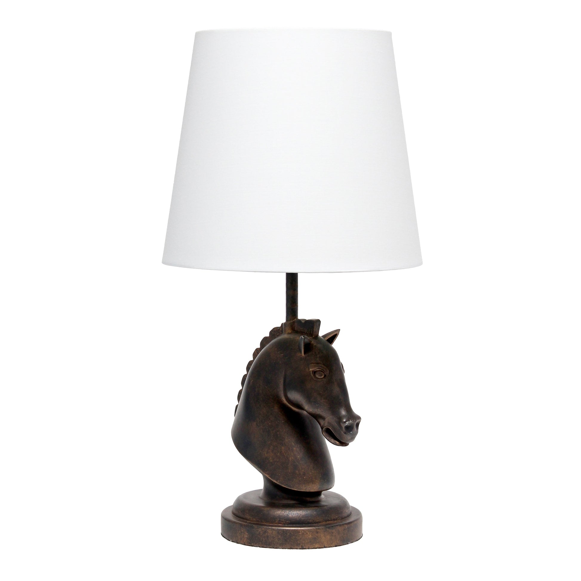 All The Rages Simple Designs Dark Bronze 17" Tall Polyresin Decorative Chess Horse Shaped Table Lamp With White Tapered Fabric Shade
