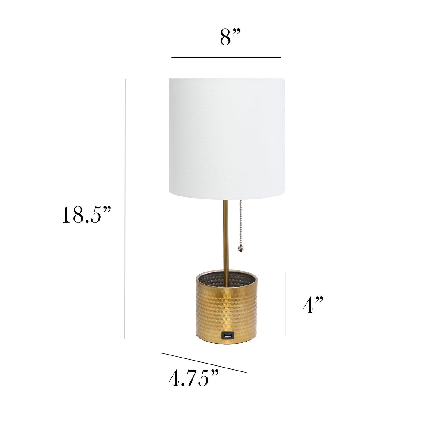 All The Rages Simple Designs Gold Hammered Metal Organizer Table Lamp With USB Charging Port & Fabric Shade