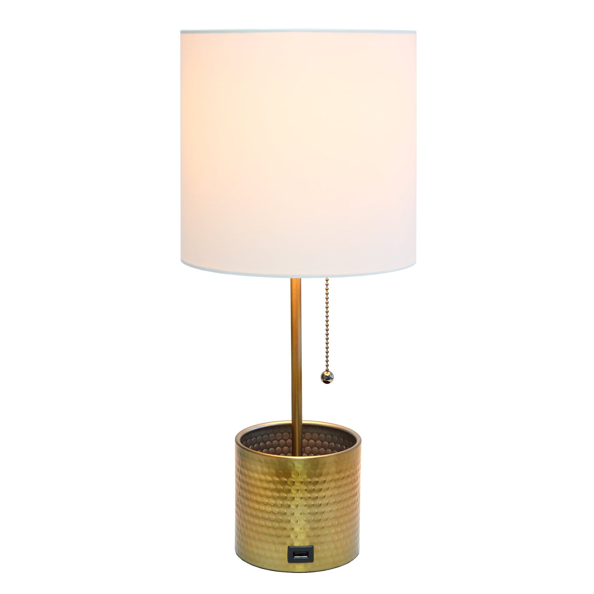 All The Rages Simple Designs Gold Hammered Metal Organizer Table Lamp With USB Charging Port & Fabric Shade
