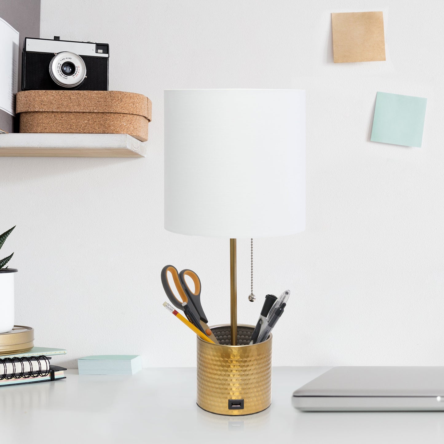 All The Rages Simple Designs Gold Hammered Metal Organizer Table Lamp With USB Charging Port & Fabric Shade