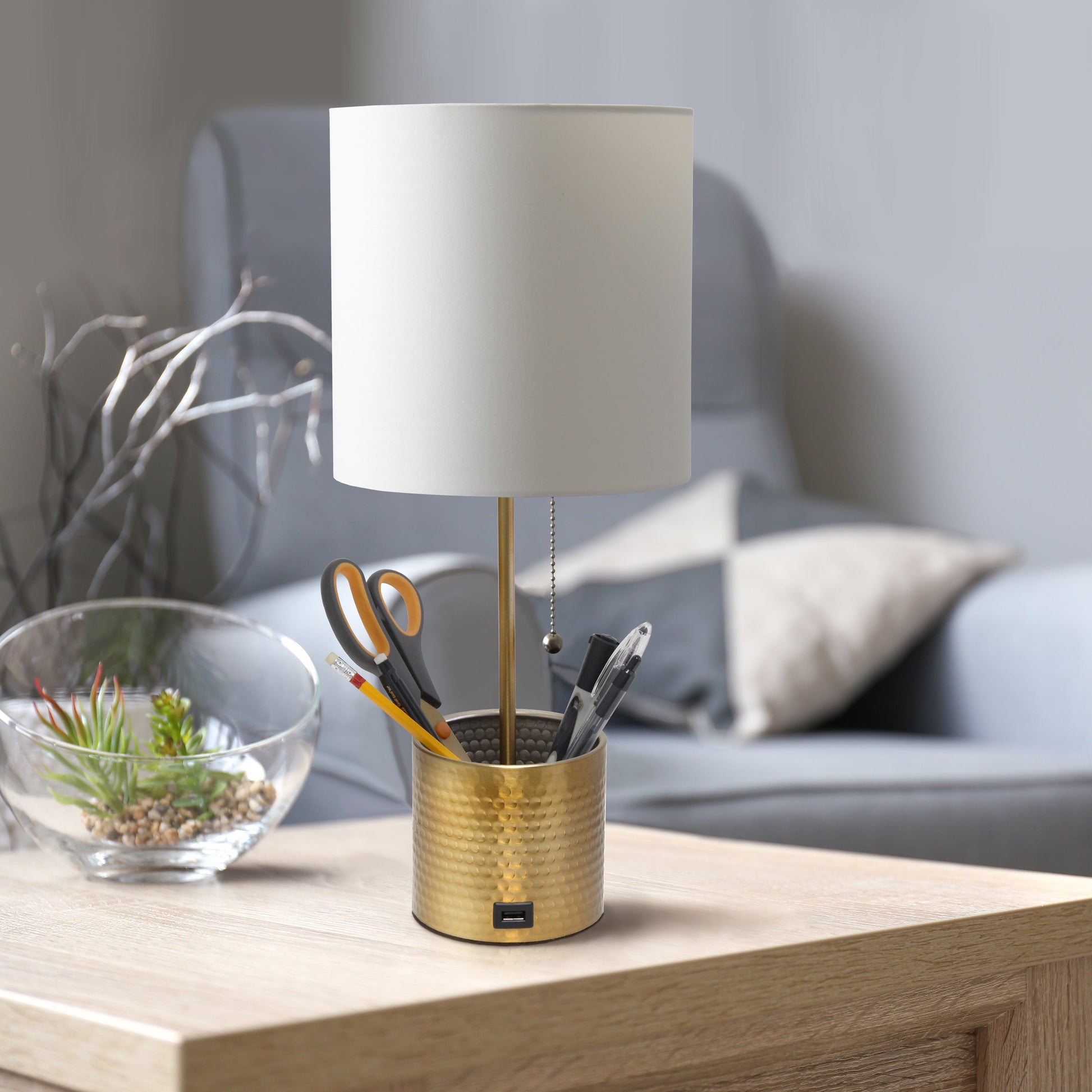 All The Rages Simple Designs Gold Hammered Metal Organizer Table Lamp With USB Charging Port & Fabric Shade