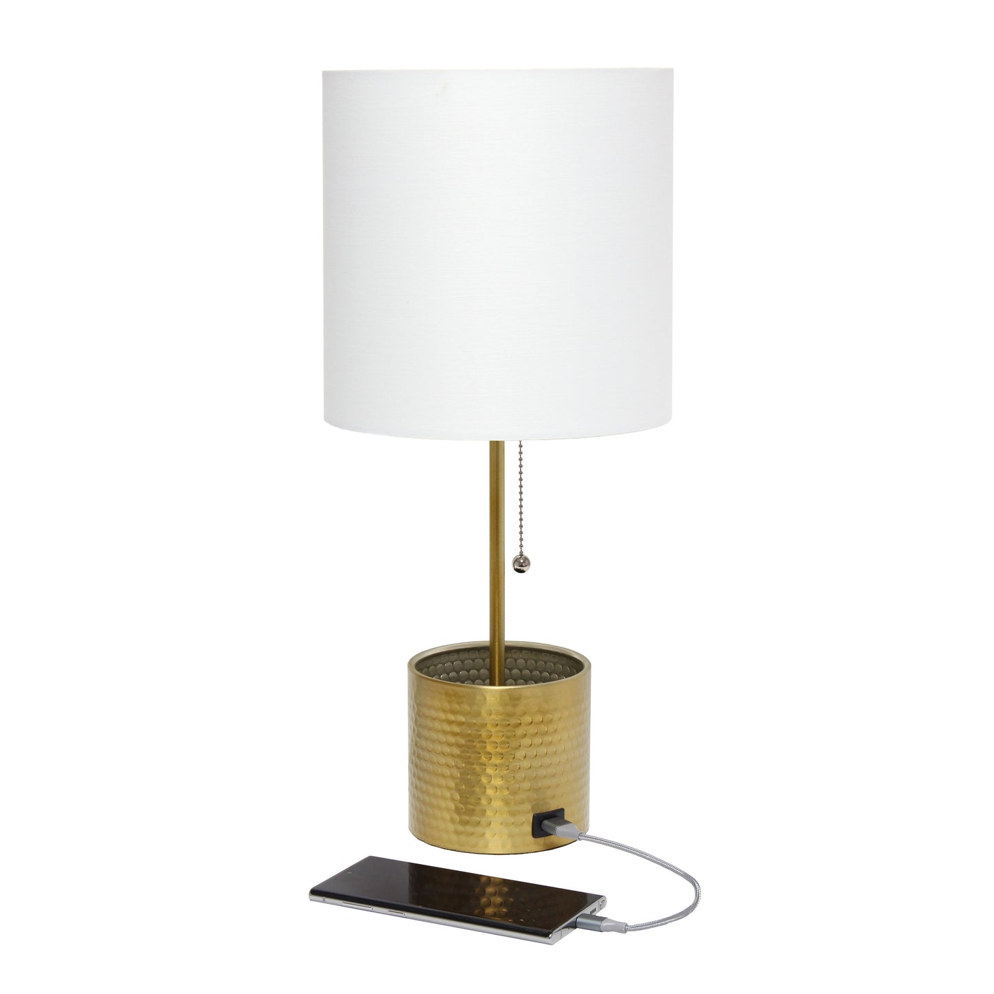 All The Rages Simple Designs Gold Hammered Metal Organizer Table Lamp With USB Charging Port & Fabric Shade