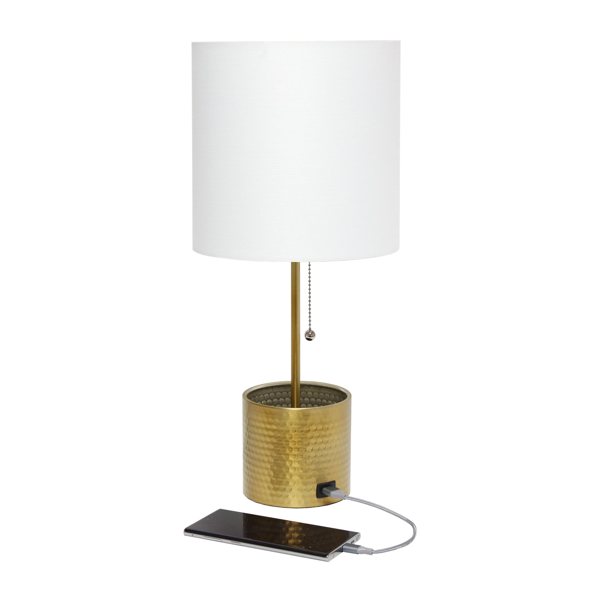 All The Rages Simple Designs Gold Hammered Metal Organizer Table Lamp With USB Charging Port & Fabric Shade