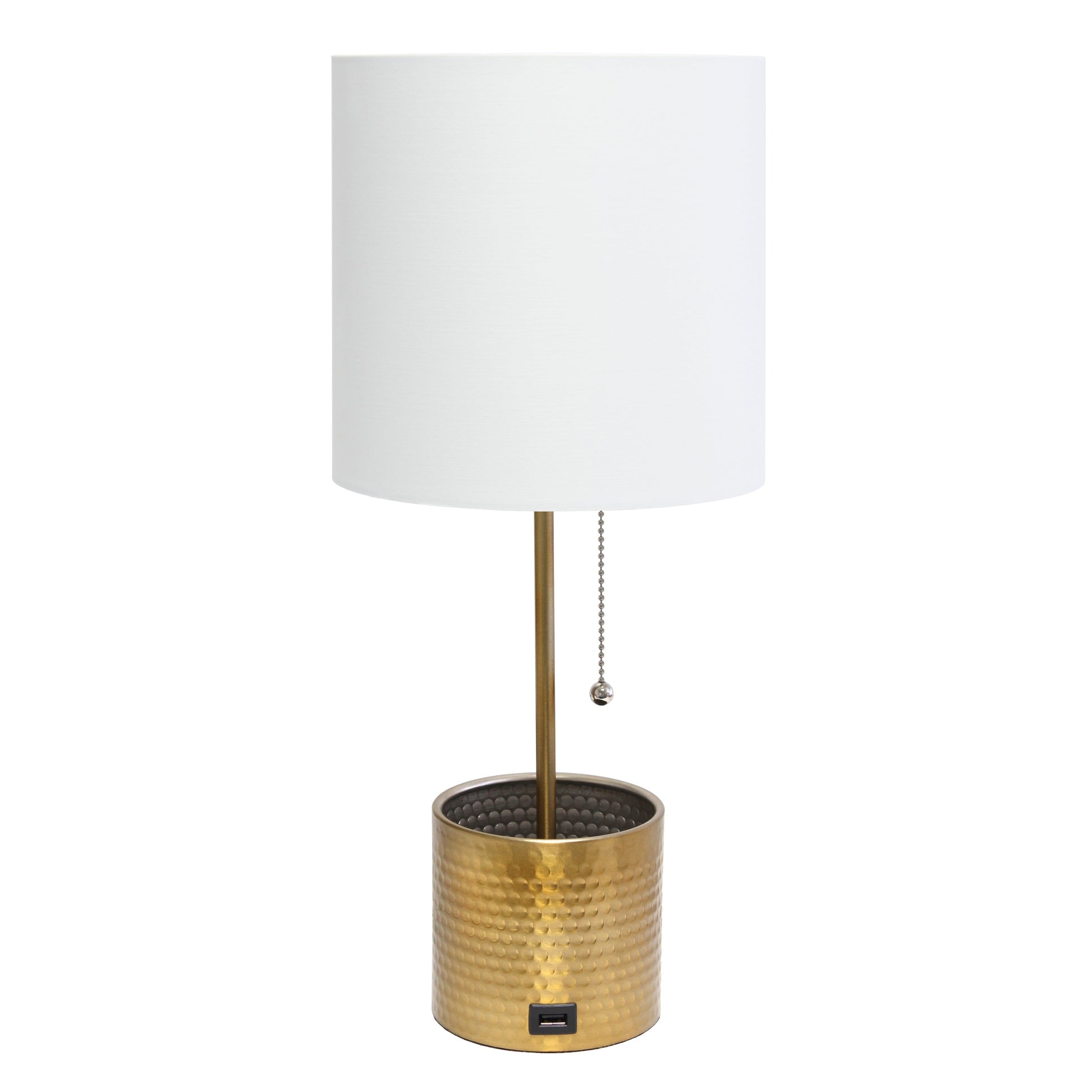 All The Rages Simple Designs Gold Hammered Metal Organizer Table Lamp With USB Charging Port & Fabric Shade