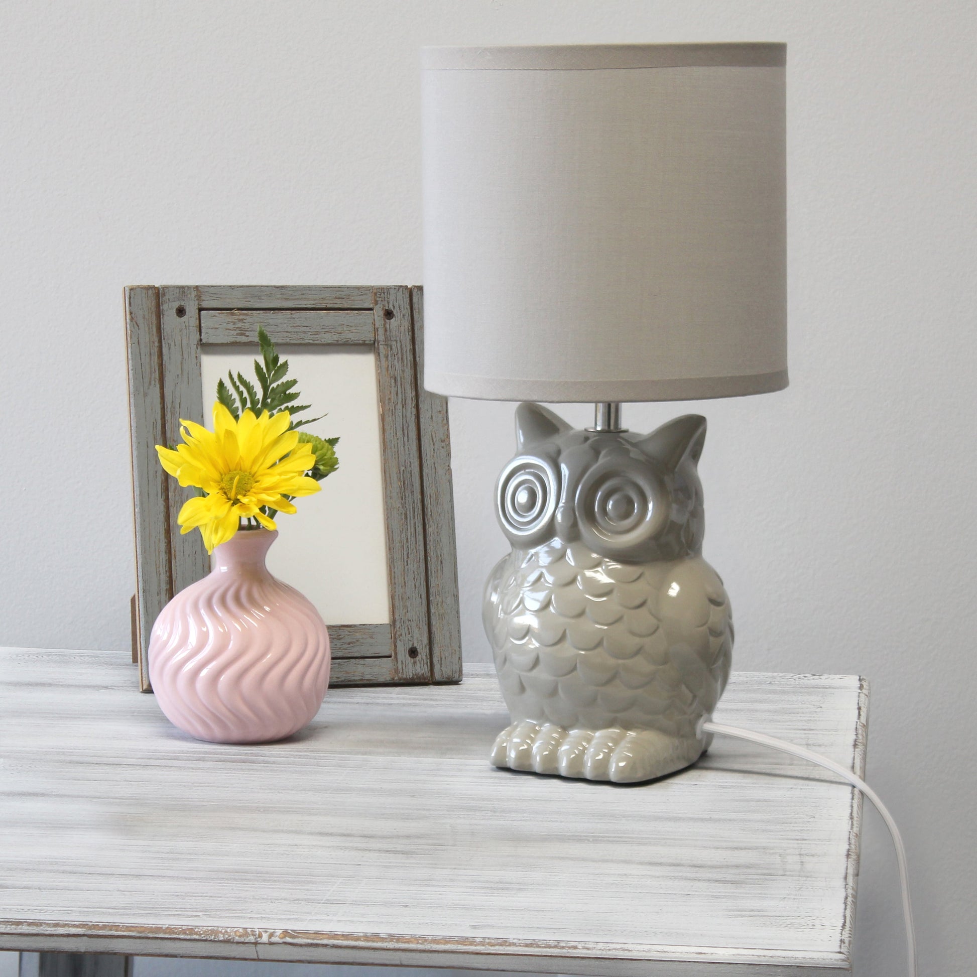 All The Rages Simple Designs Gray 13" Ceramic Owl Table Lamp With Matching Fabric Shade