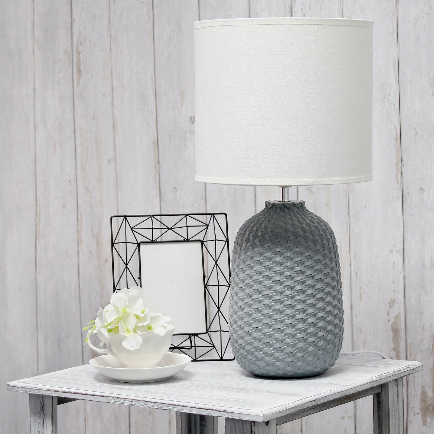 All The Rages Simple Designs Gray 20" Ceramic Purled Texture Table Lamp With White Fabric Drum Shade