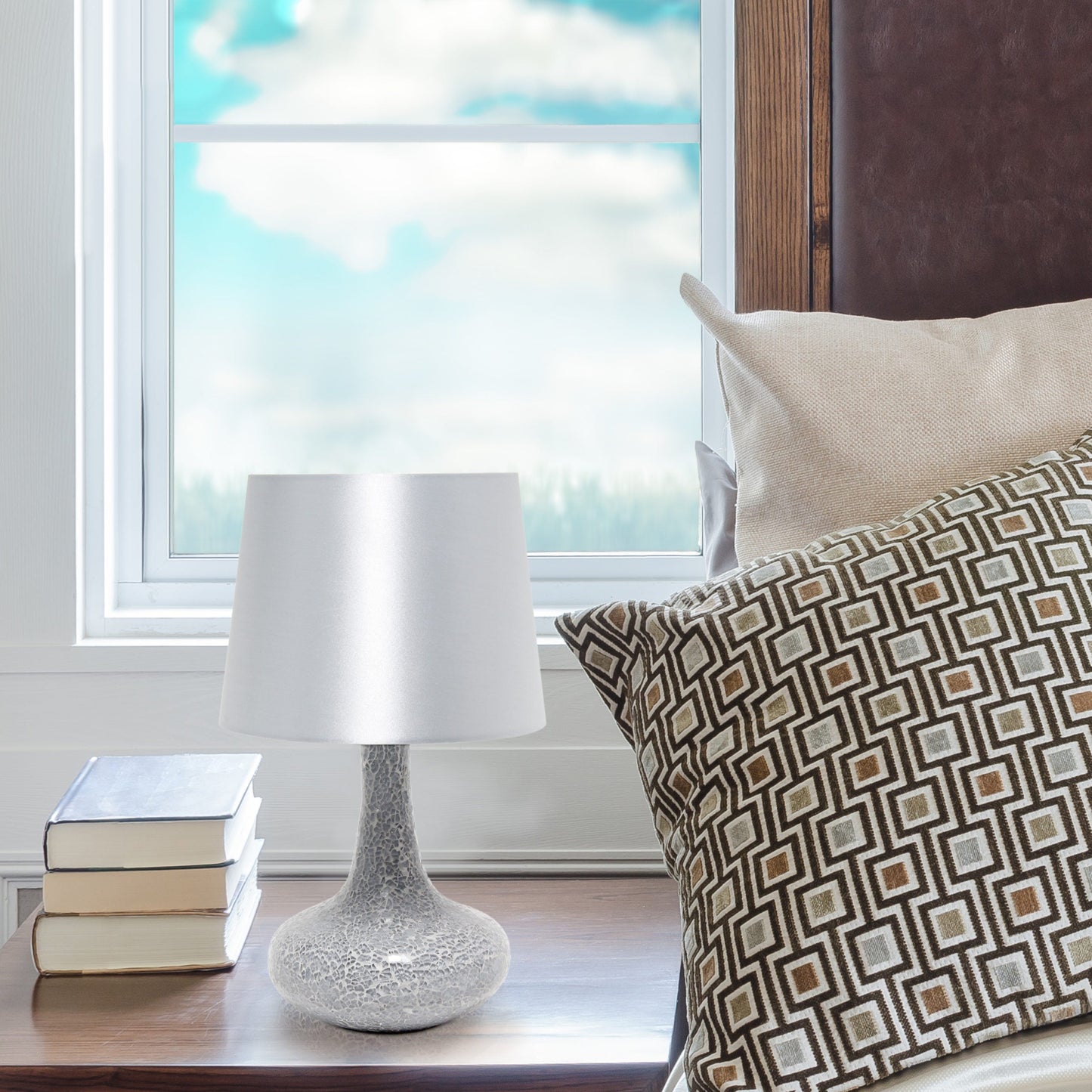 All The Rages Simple Designs Gray Mosaic Tiled Glass Genie Table Lamp With Gray Fabric Shade